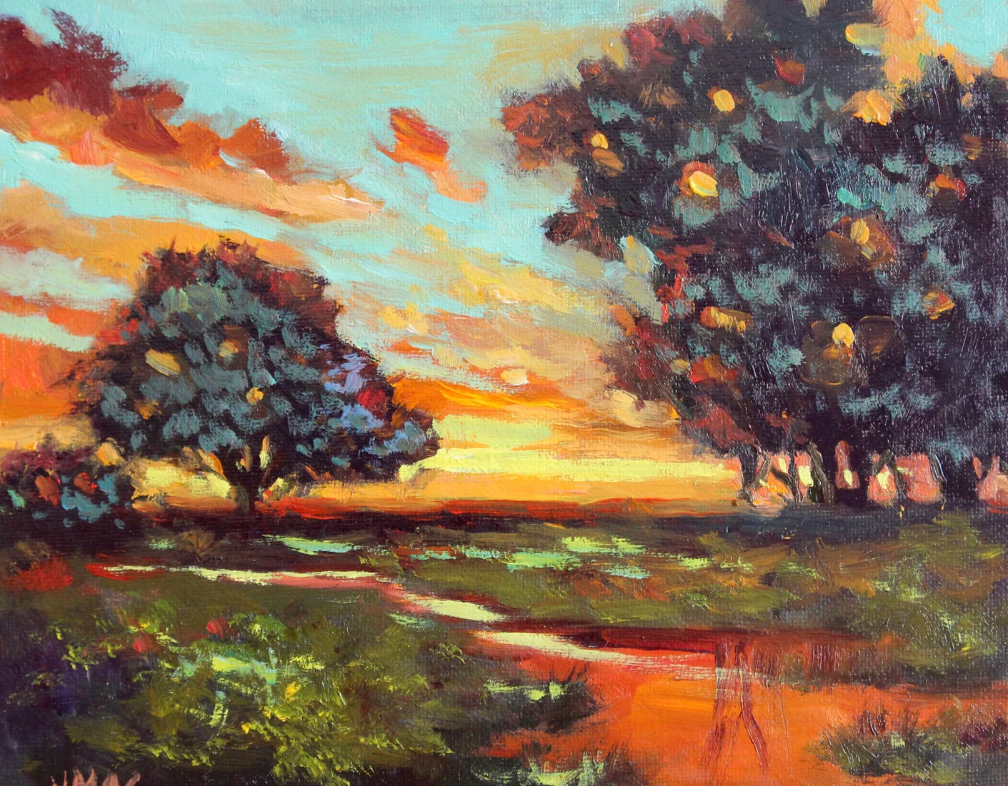 Sunset Landscape Oil Painting 8×10 Realistic Textured Small Wall Art Signed