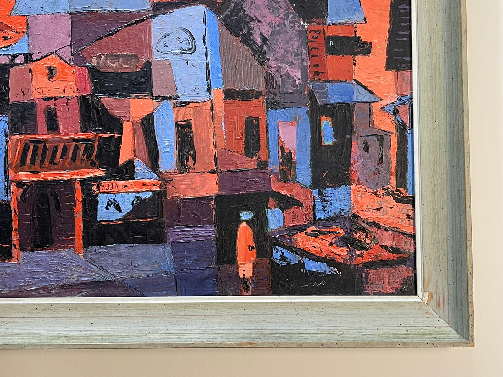 Vintage Abstract Painting Cucaro Expressionism Modernism Cubism Sunset Wharf Sea