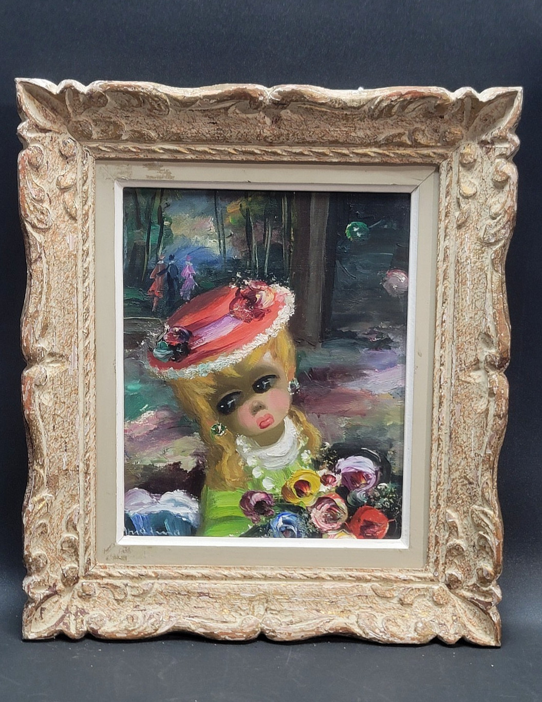Vintage Mid Century «Big Eye Girl» with Flowers Expressionist Oil Painting