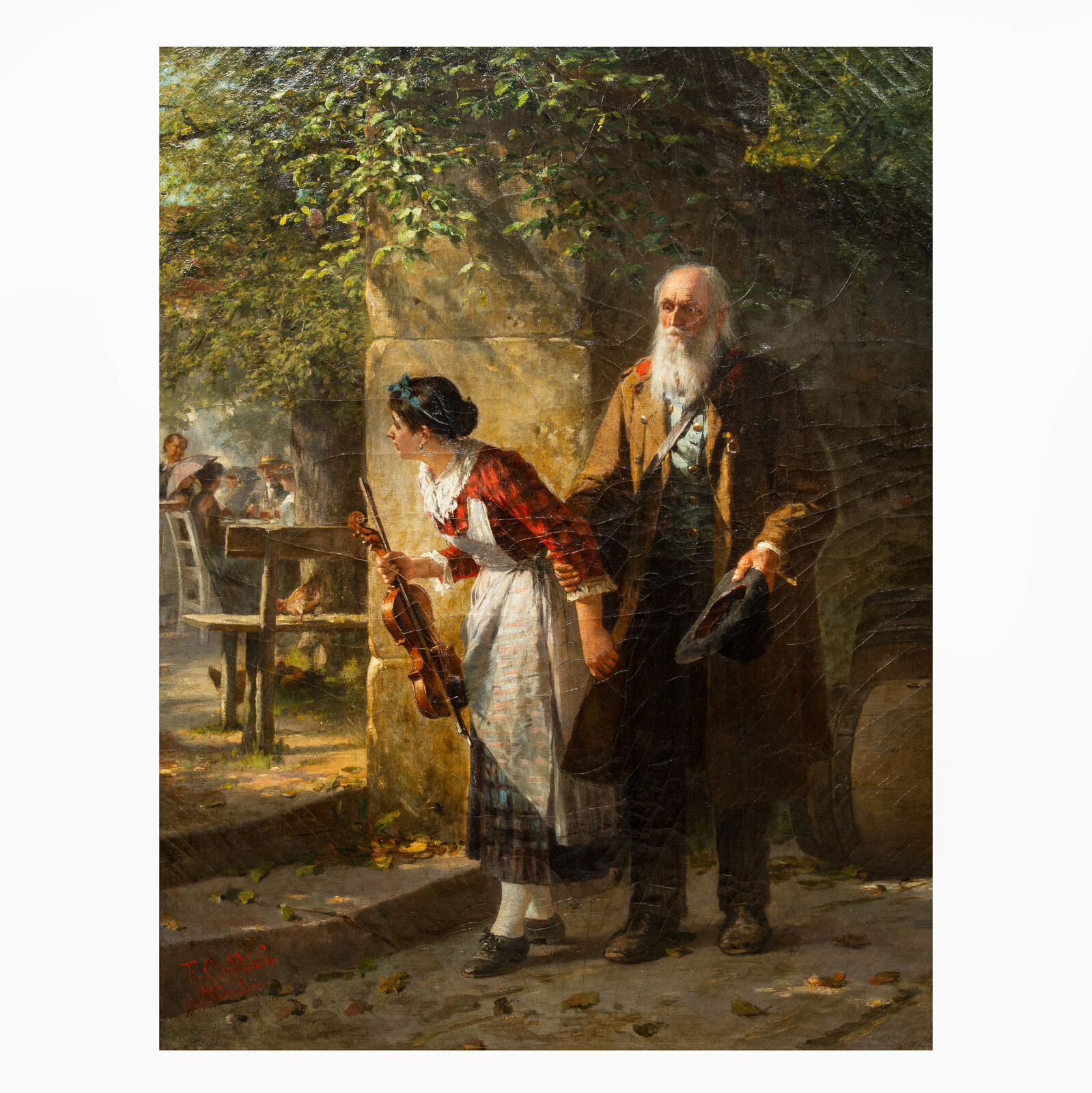 19th Century German Antique Oil Realist School Painting “The Blind Fiddler»