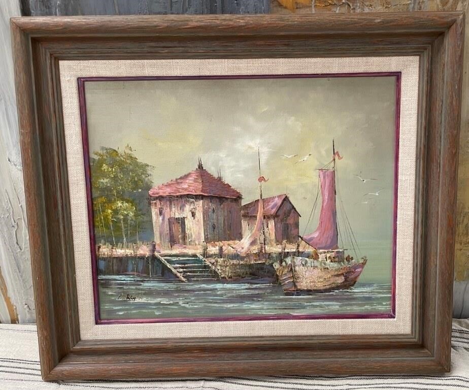 Vintage Mid Century Harbor Oil Painting SIGNED Morgan Pink Sails 23×26 Framed