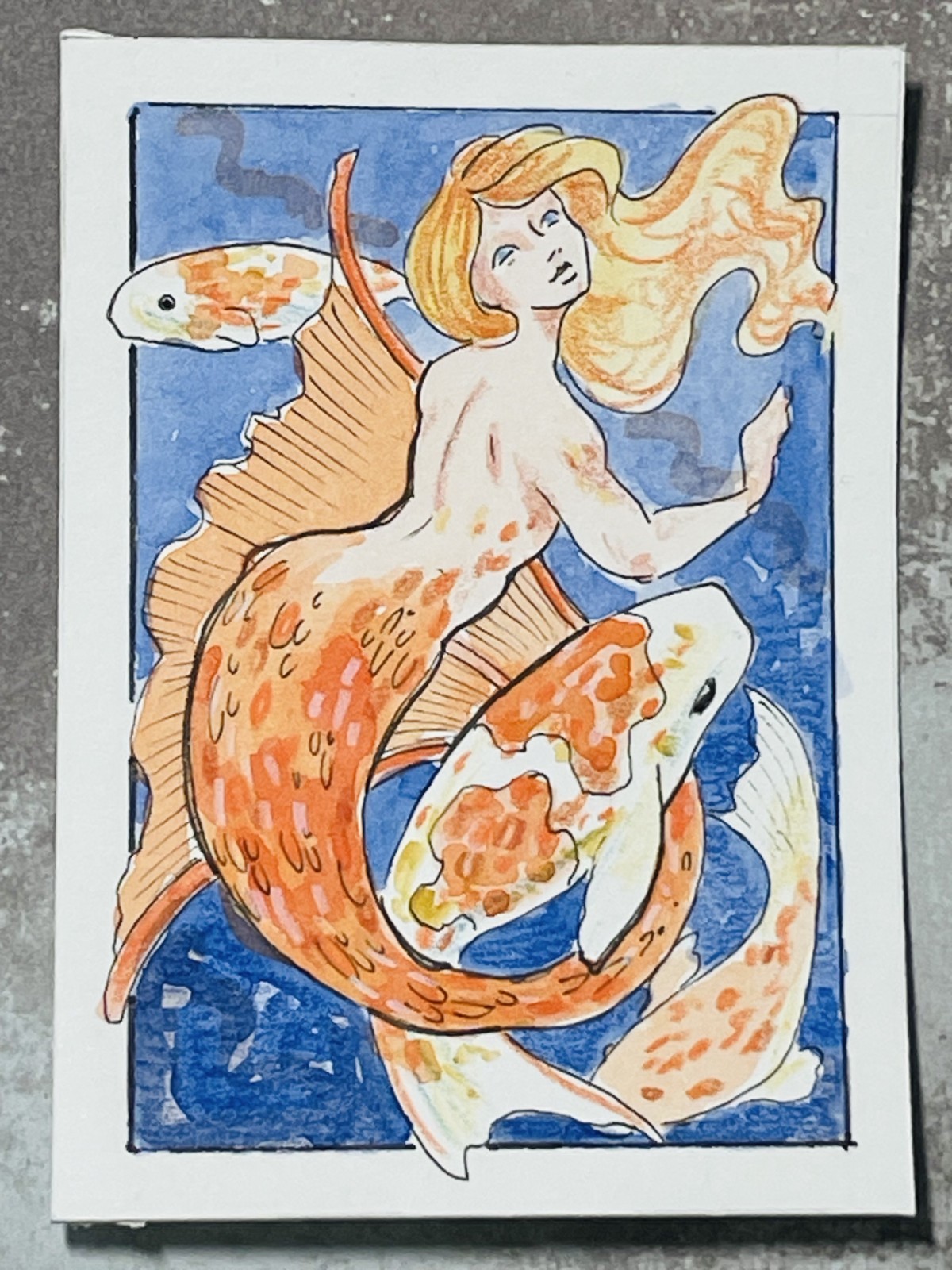 ACEO original ink and watercolor «Orange Koi Mermaid», 2.5″ x 3.5″
