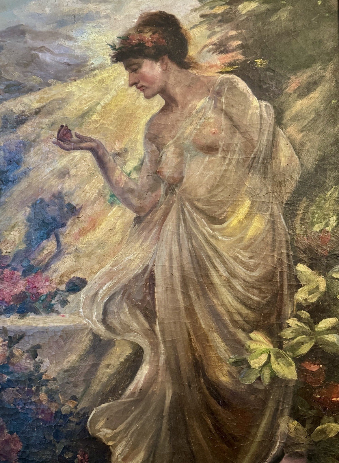 Fine Classical Nude Figurative Oil Painting Floral Crown Vtg Antique Style