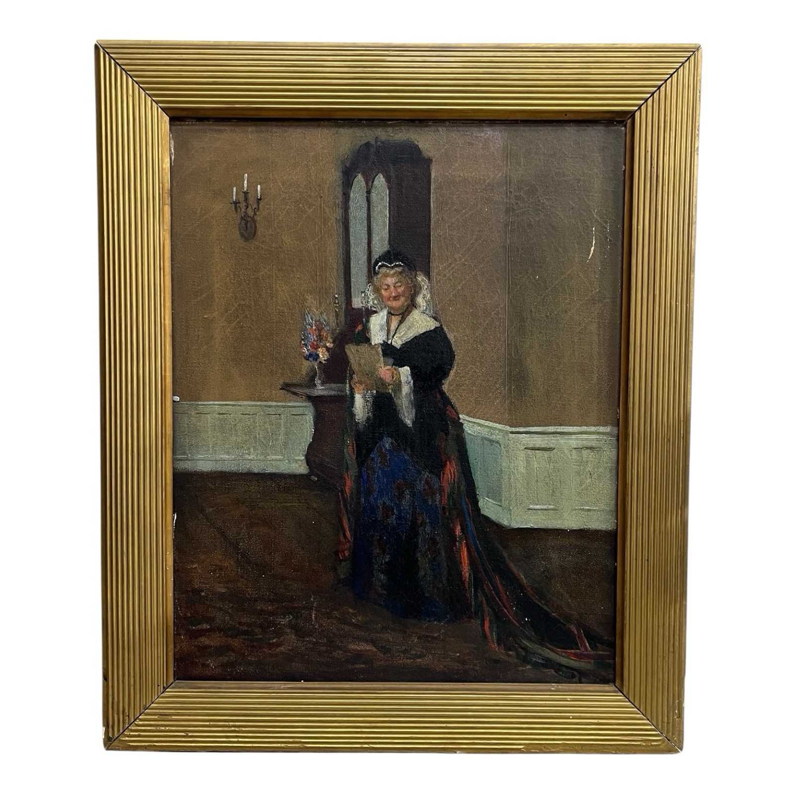 Antique 20th Century Victorian Interior Portrait Oil Painting Impressionist
