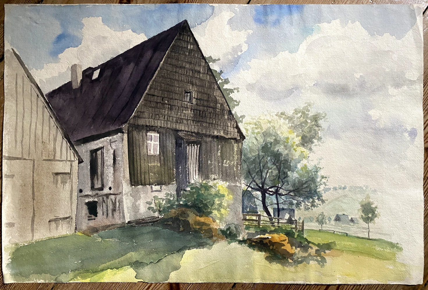 Watercolor/ Mixed Media Fields Trees Farmhouse Property Thuringia Barn