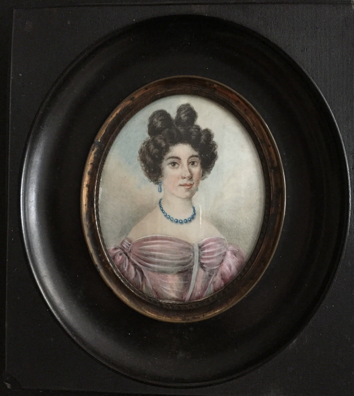 Portrait Miniature of Woman in Pink Dress Papier Mache Frame, c. 1850