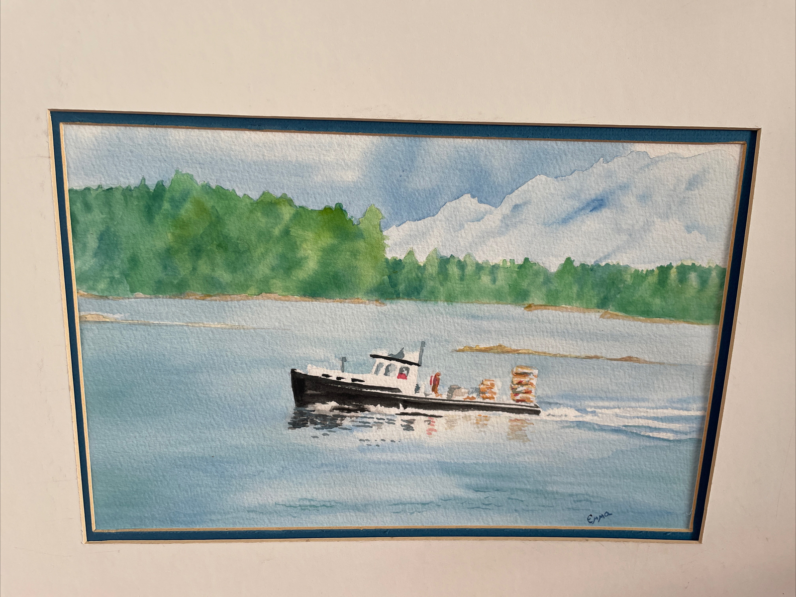 Water Scene with Tugboat Watercolor Painting Original by Emma