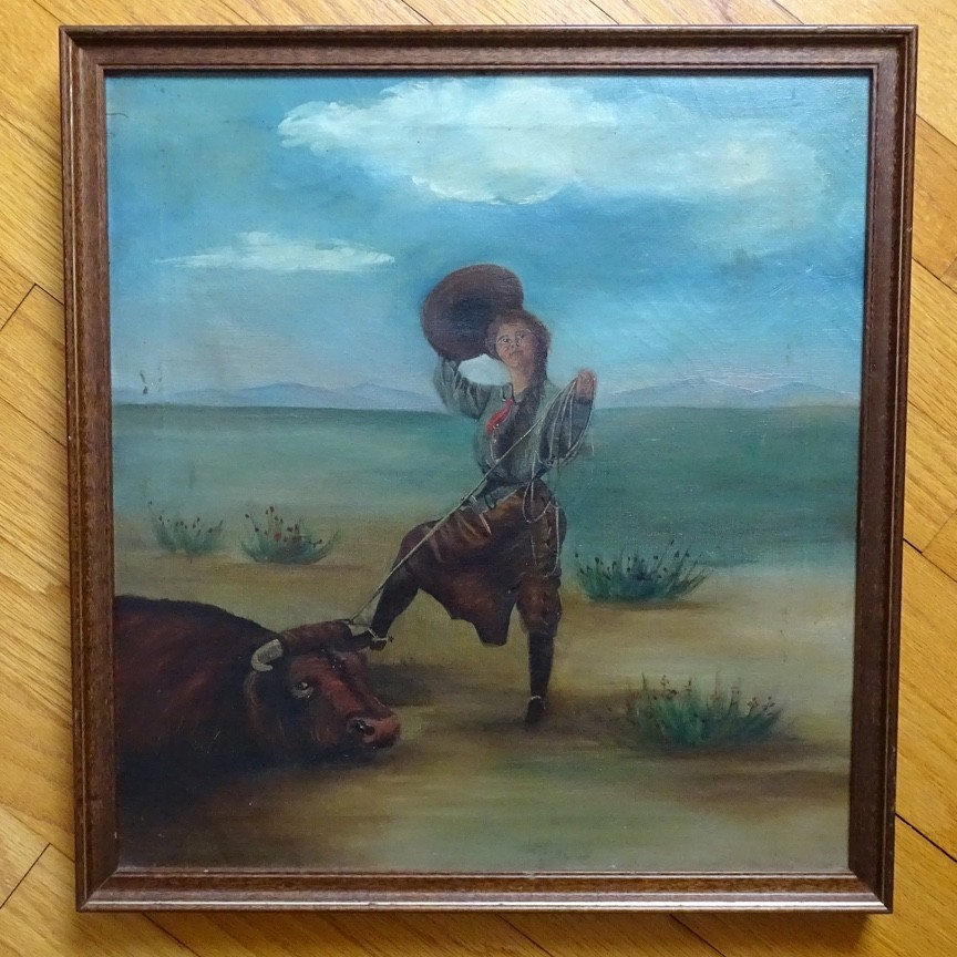Antique Original Oil Painting on Canvas COWGIRL Roping A Bull Framed 17×16 in