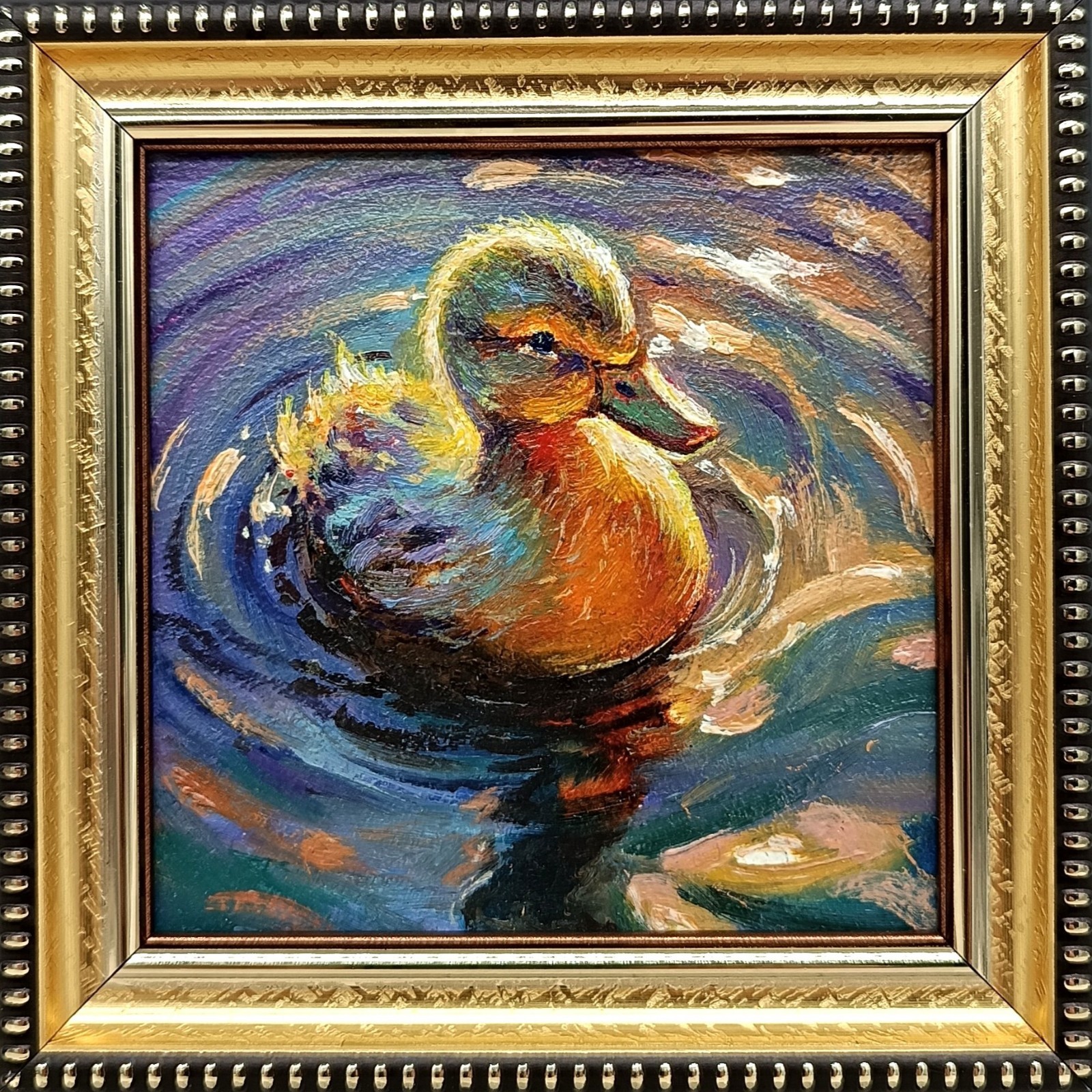 Duckling Original Oil Painting 4×4 Framed Signed Cute Baby Duck Water Pond Art