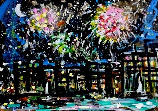 ACEO Original Painting FIREWORKS Summer CITY Buildings Ocean Boats Lights ART