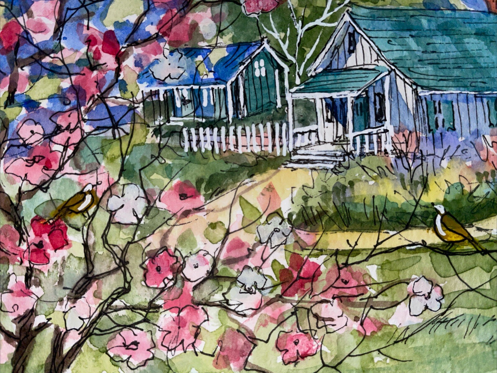 Pamela Wilhelm original 5”X7” Cherry Blossoms Green Cottage Blue Roofs Garden