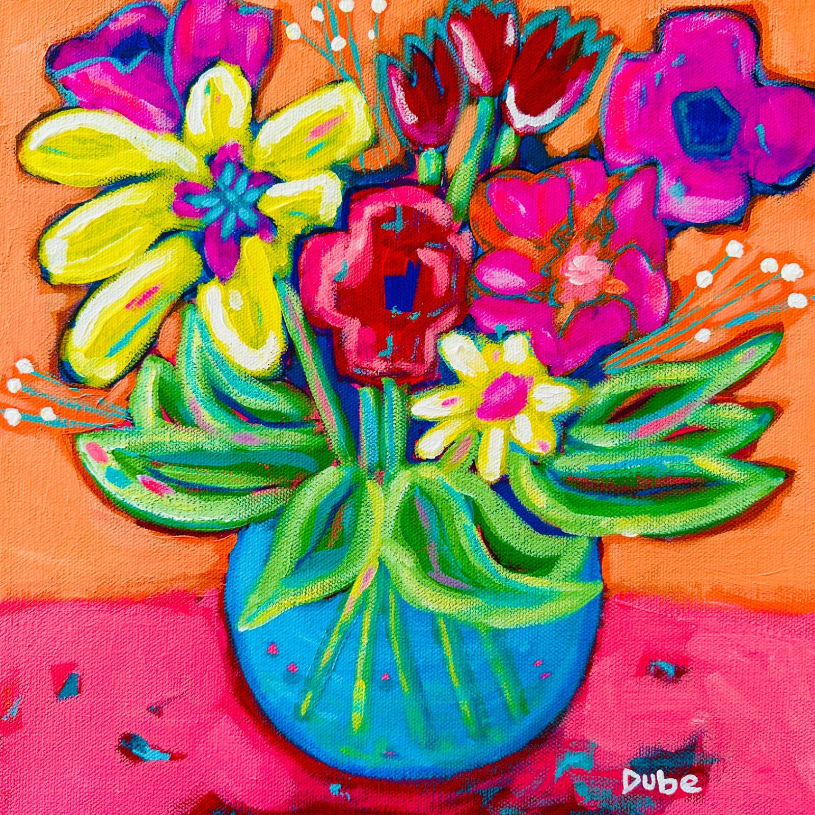 Original Painting Expressionist Flowers Stems Water Vase 12 x 12x 1.5″ JERI DUBE