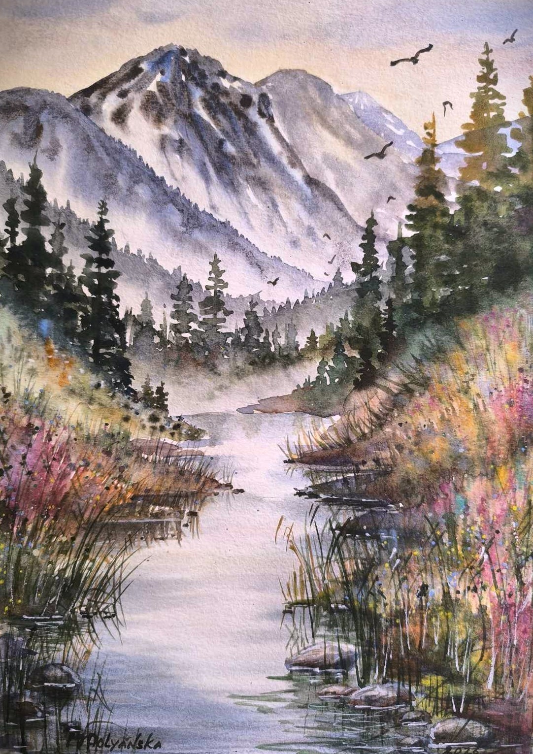 FOGGY FOREST MOUNTAINS Original Art Painting BIRD FLYING RIVER Bob Ross Style A4