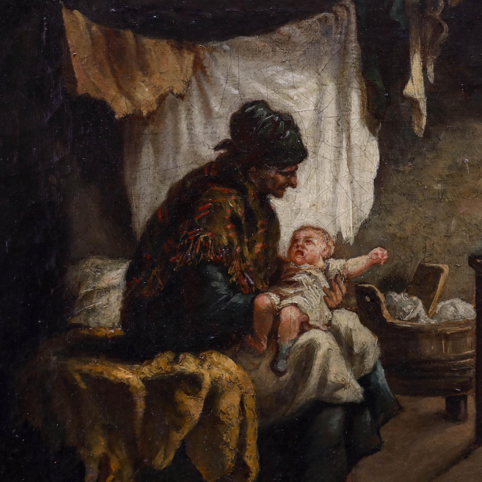 Framed 19th Century Oil – Interior Scene with Women and Baby