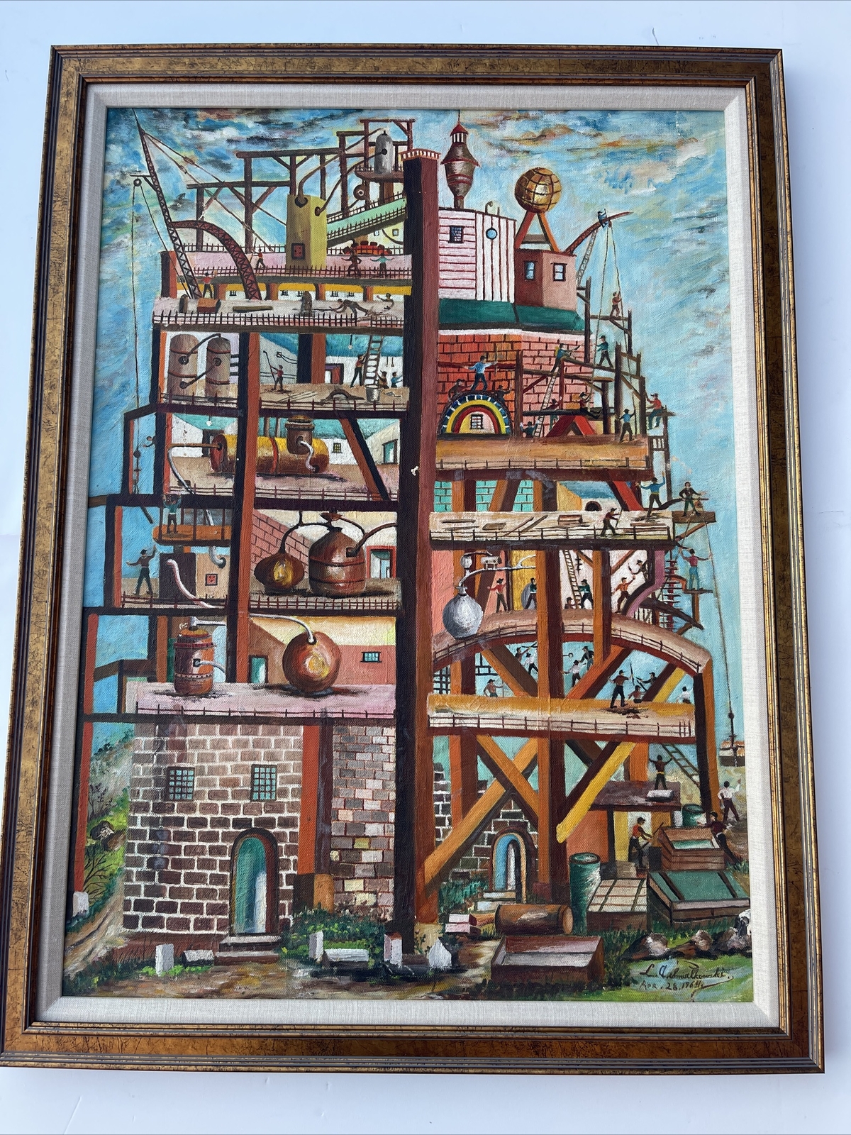 Vintage Industrial Painting Construction Workers Factory Urban Modernism Listed