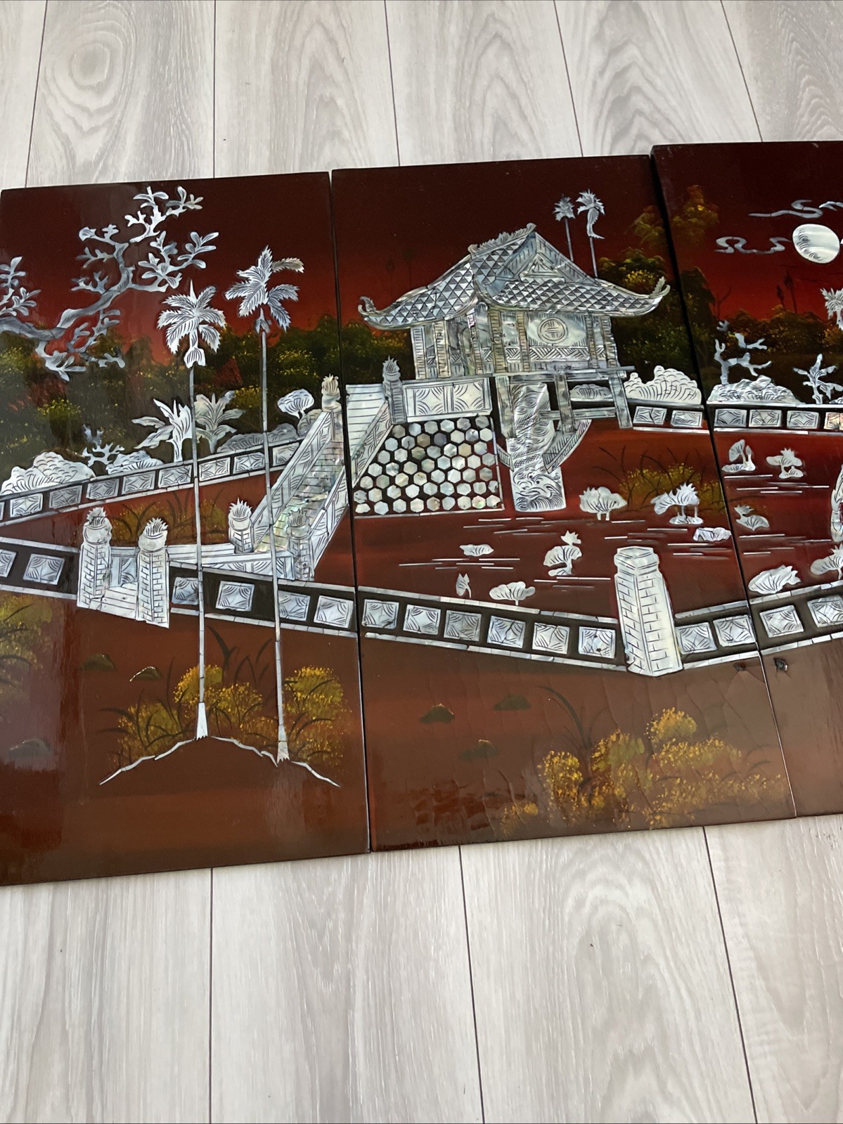 Asian Vietnamese 4 Lacquer Piece Artwork 23″HX45.6″L
