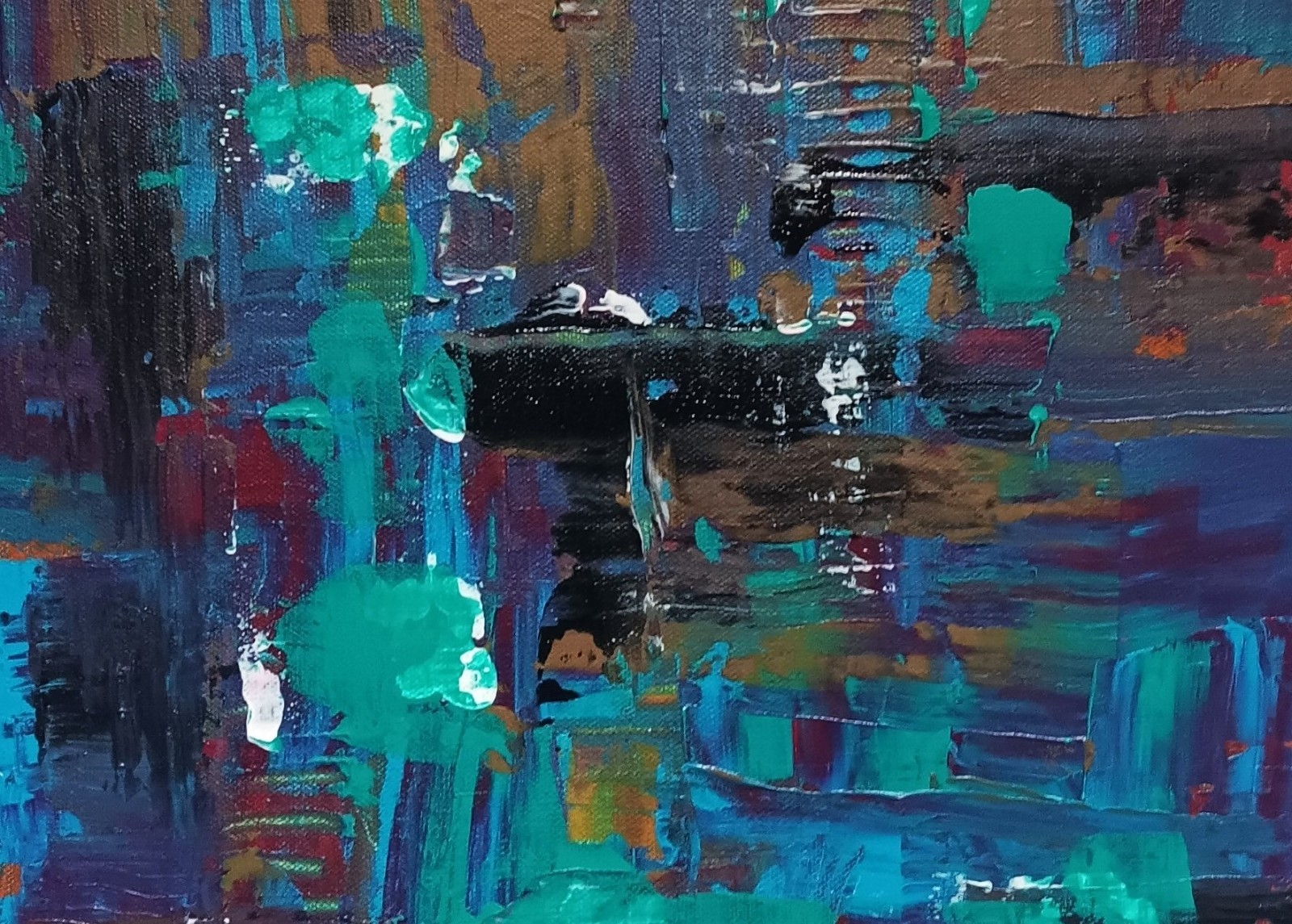 Small abstract original black turquoise blue pink red ochre «Wonder»