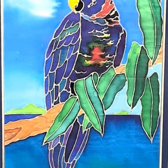 Cloisonne Style Water Colored Framed and Matted Beautiful Multi-Colored Parrot