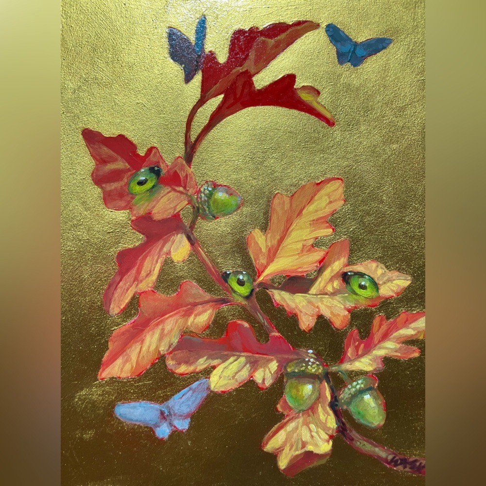 Original Oak Butterfly Forest Painting Art gold Accent surreal nouveau Artettina