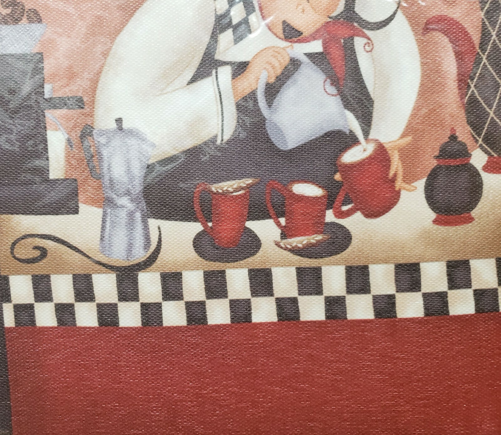1 KITCHEN CANVAS WALL FRAME,approx. 10″x12″,FAT CHEF POURING MILK IN COFFEE CUPS