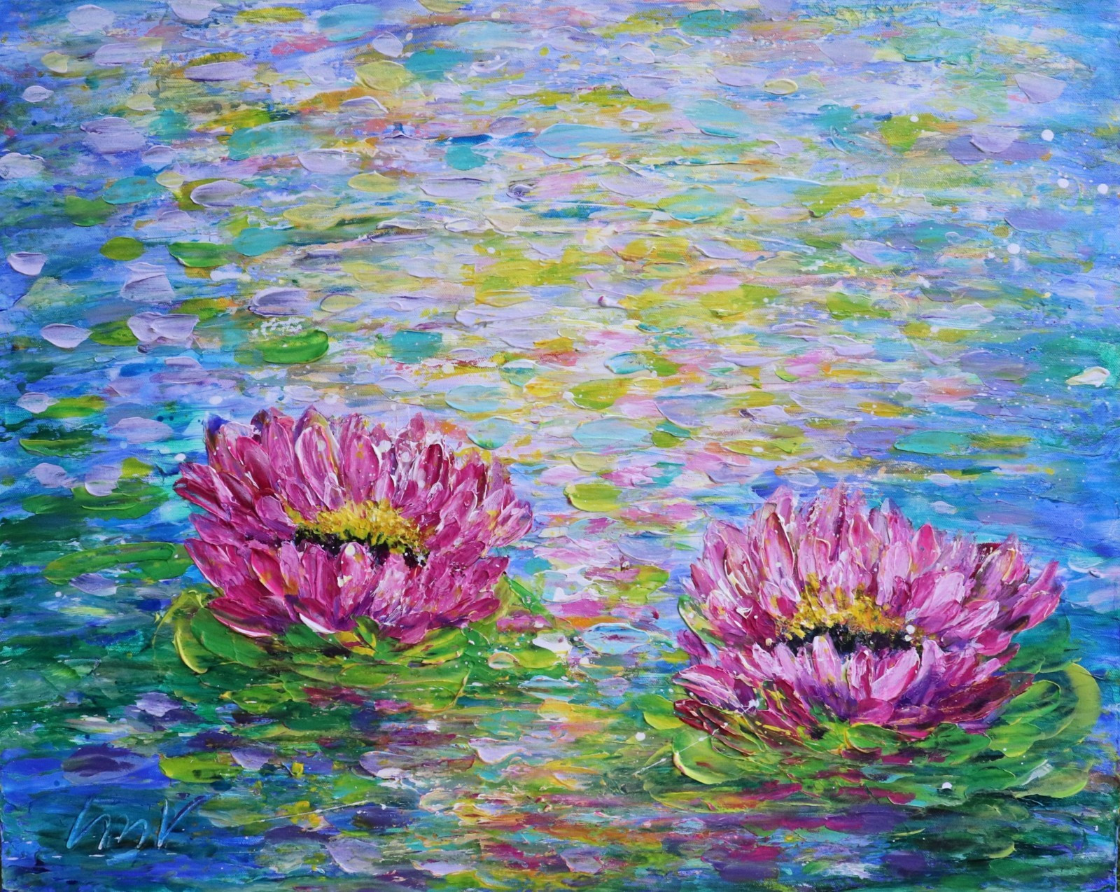 Lotus Reflections 30×24 Original Water Lily Painting Textured Wall Art