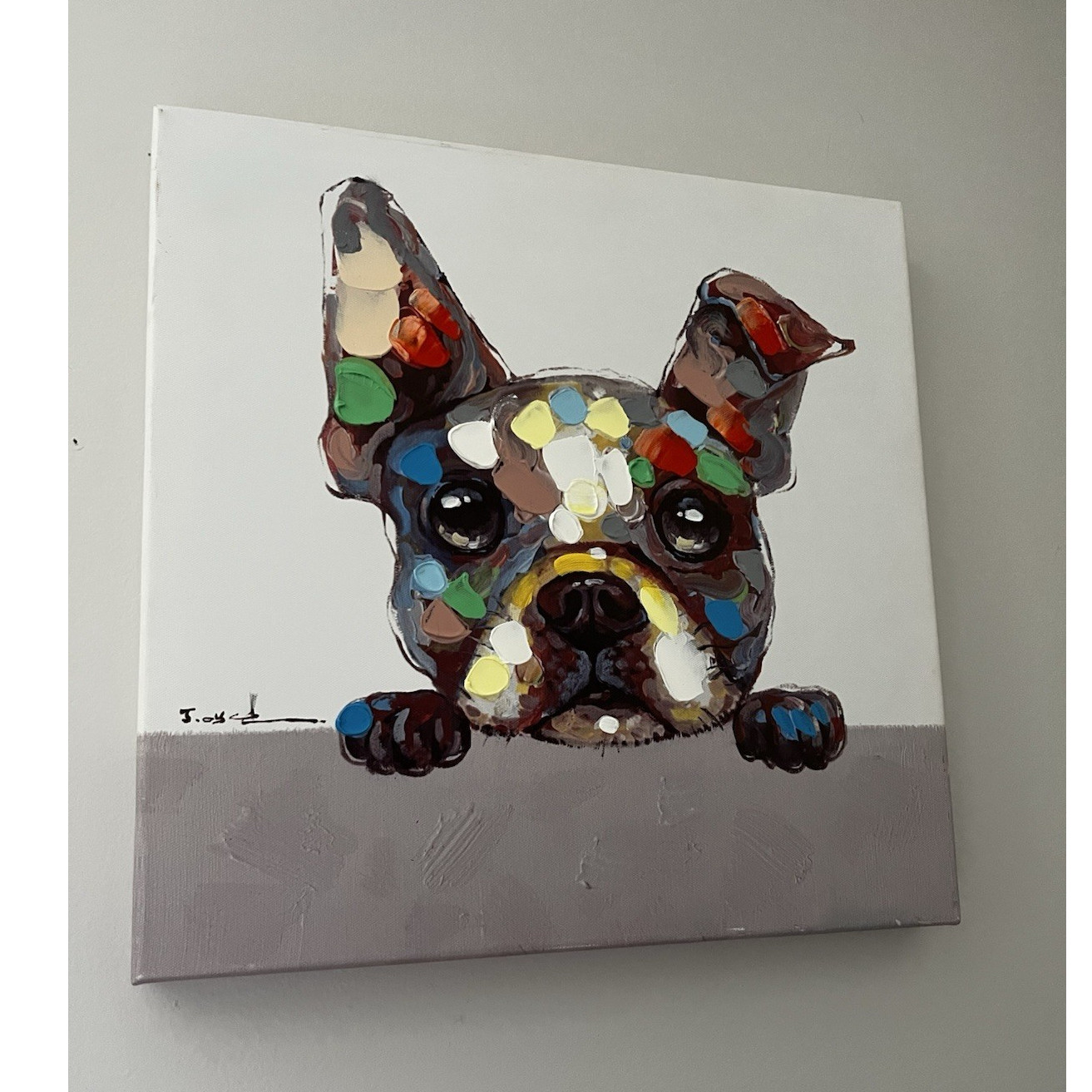 T-oj Signed French Bulldog Dog Canvas Painting Contemporary Art, Unframed Small