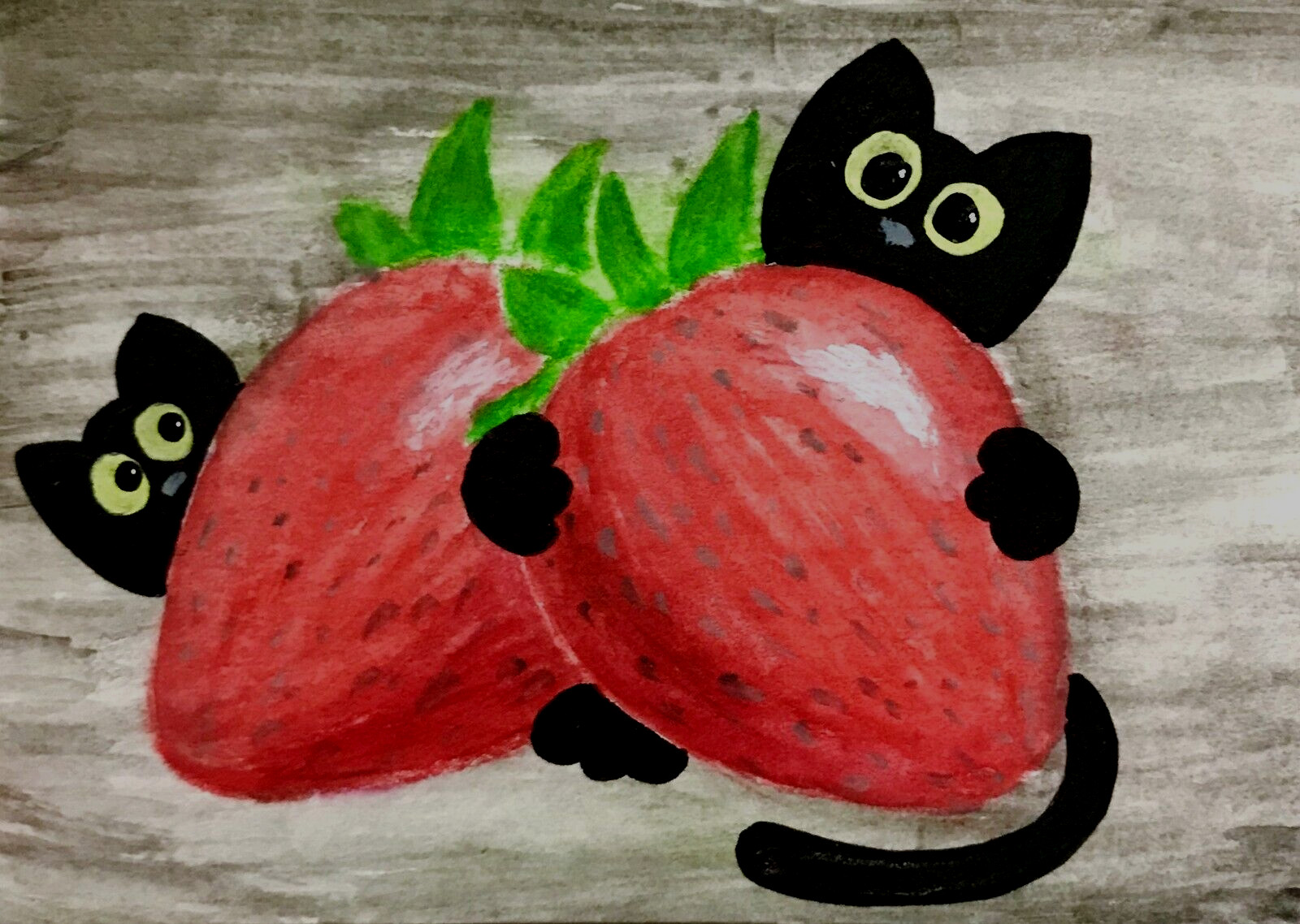 ACEO Mini Tiny Miniature *ART PRINT* Black Baby Cats & Red Strawberries -Saulite