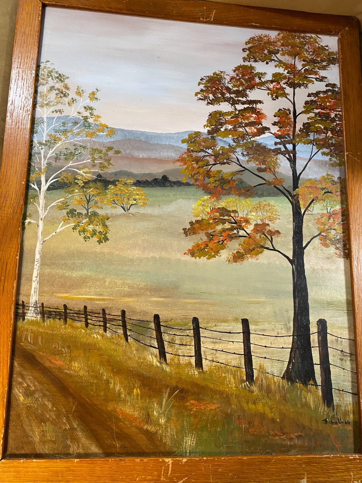 Thelma Umble (1920 – 2008) «Autumn Landscape Scene» Oil Painting – Signed/Framed