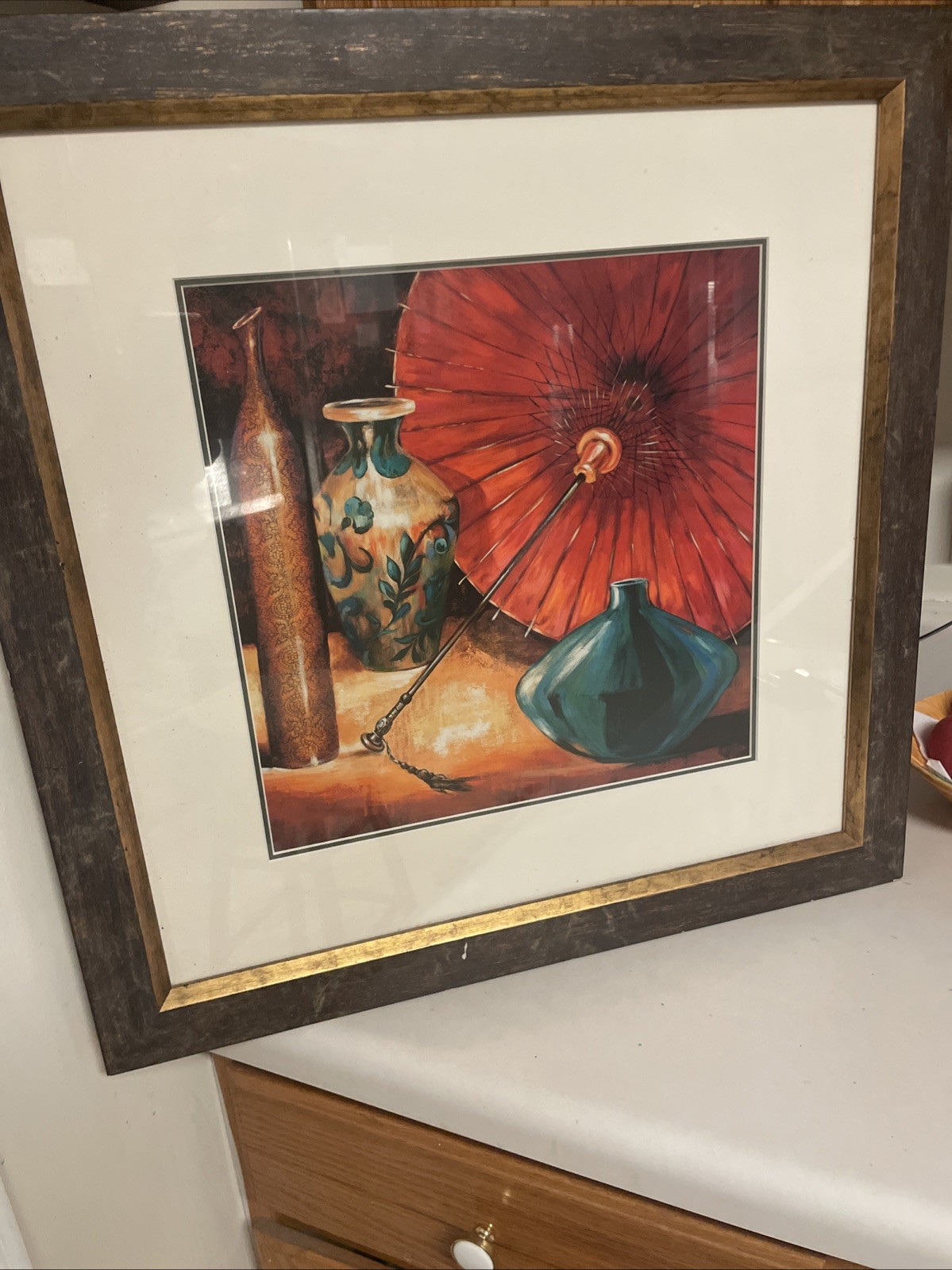 Zen Contemporary Art Print- Vases & Umbrella-Asian Realism. Framed 22.25” X22.2
