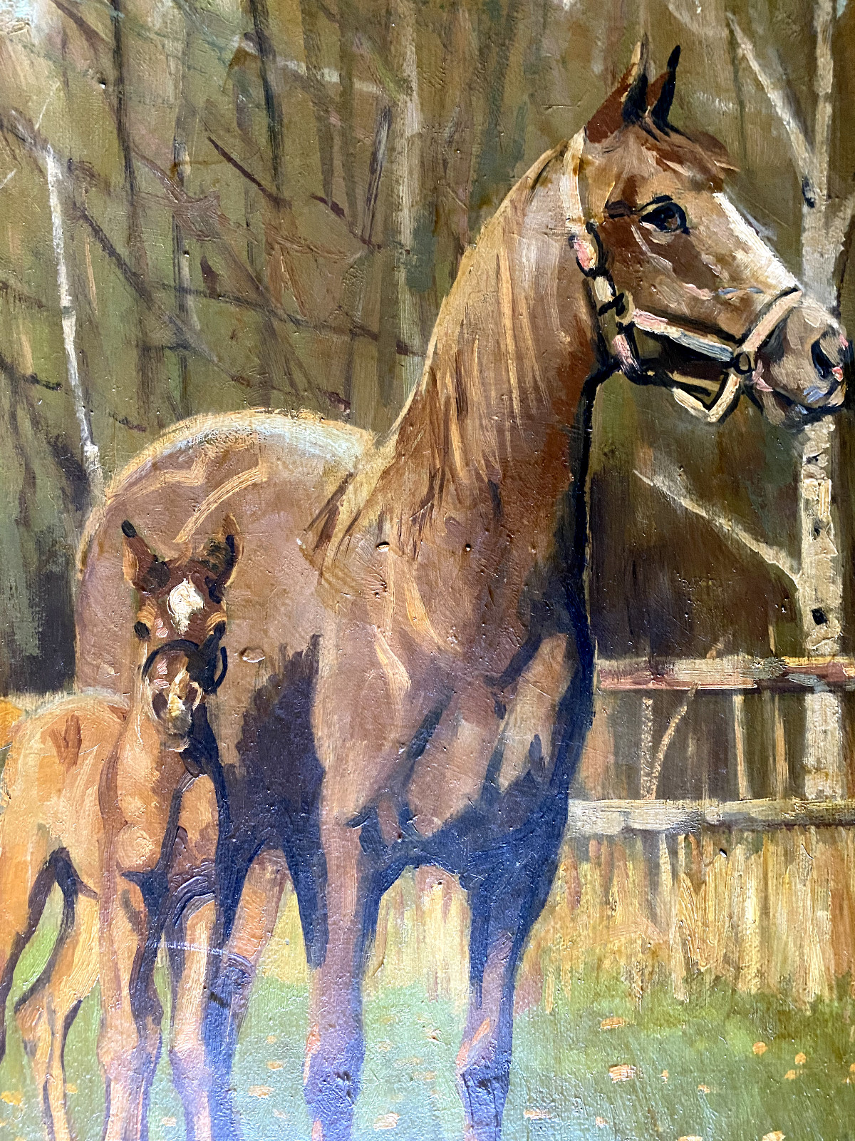 Oil painting mare with foal illegibly signed couple horse antique riding animals
