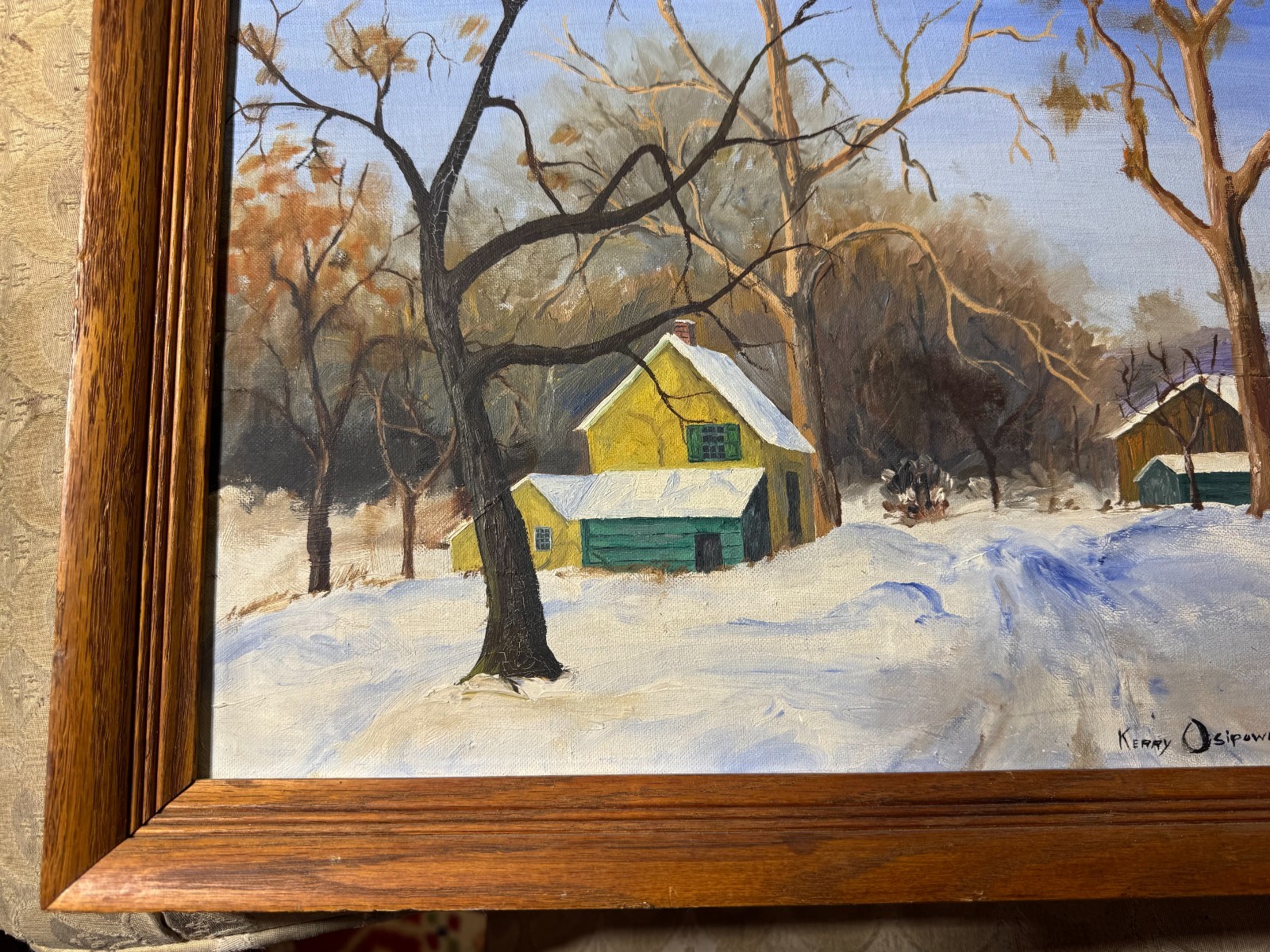 Kerry Osipower «Winter Landscape With Homes Scene» Oil Painting – Signed/Framed