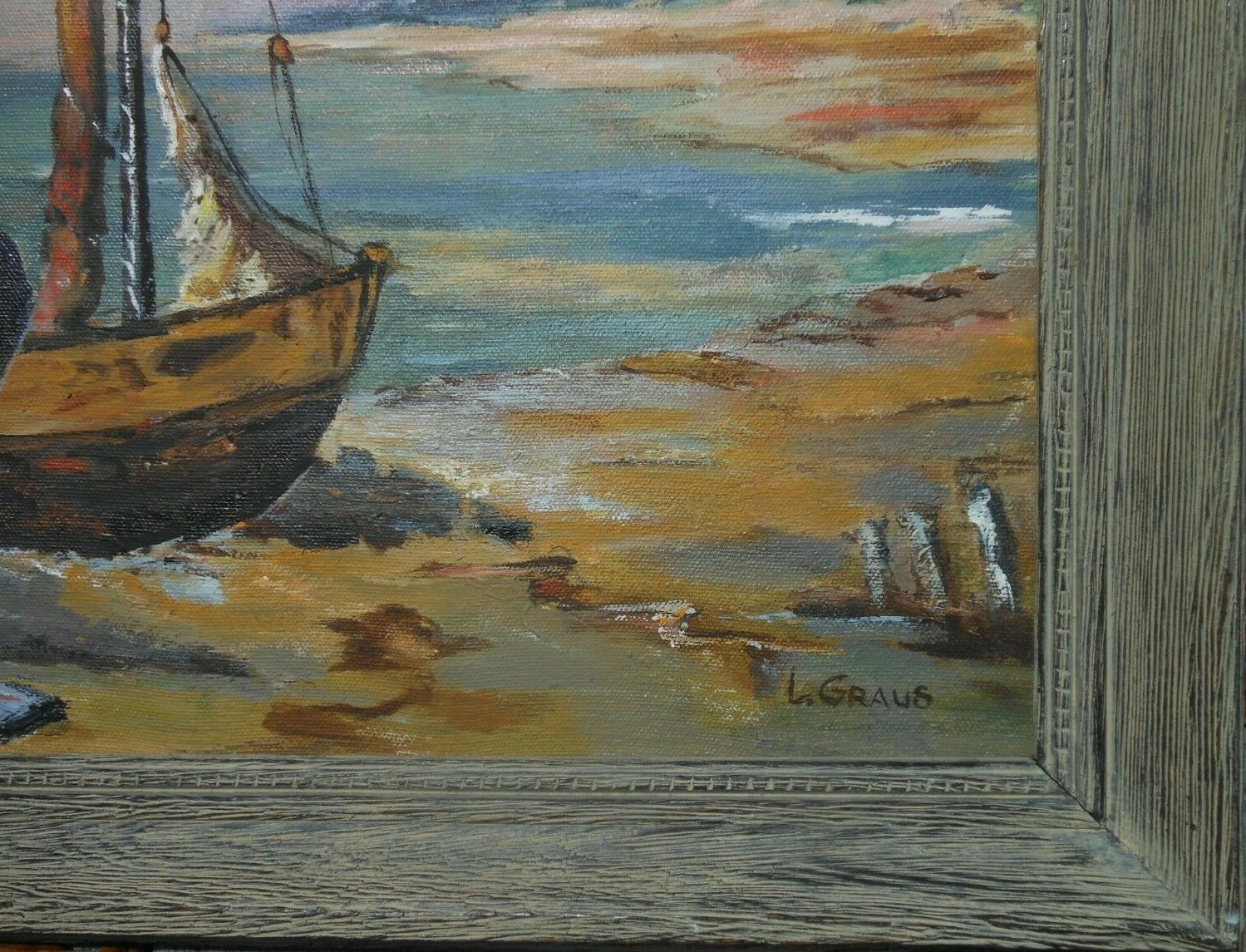 Vintage Impressionist Seascape Oil Painting L Graus 18″ x 24″ Boats