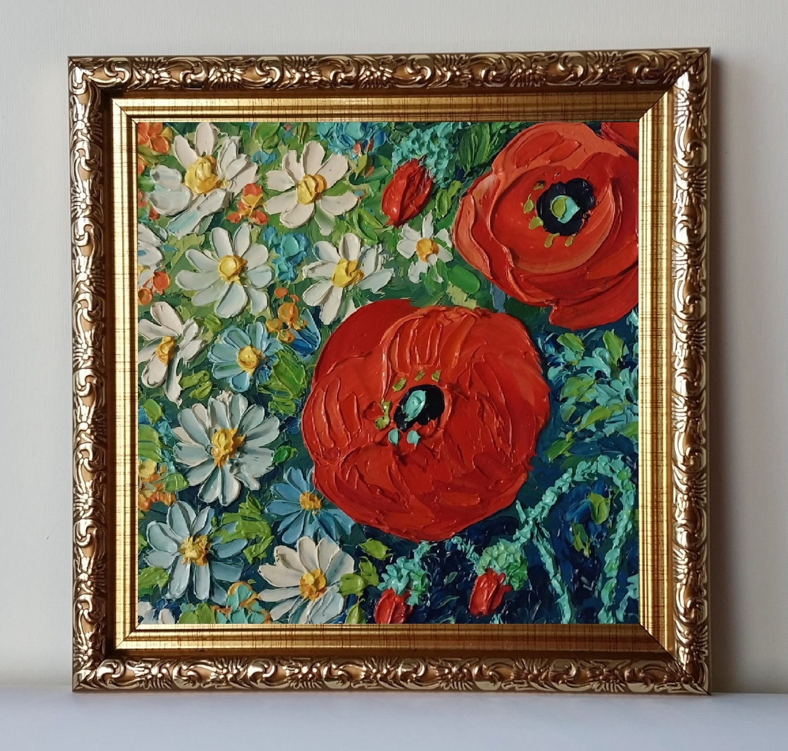 Framed Daisies Red Poppies Summer Wildflowers 5×5” Impasto Oil Painting Original