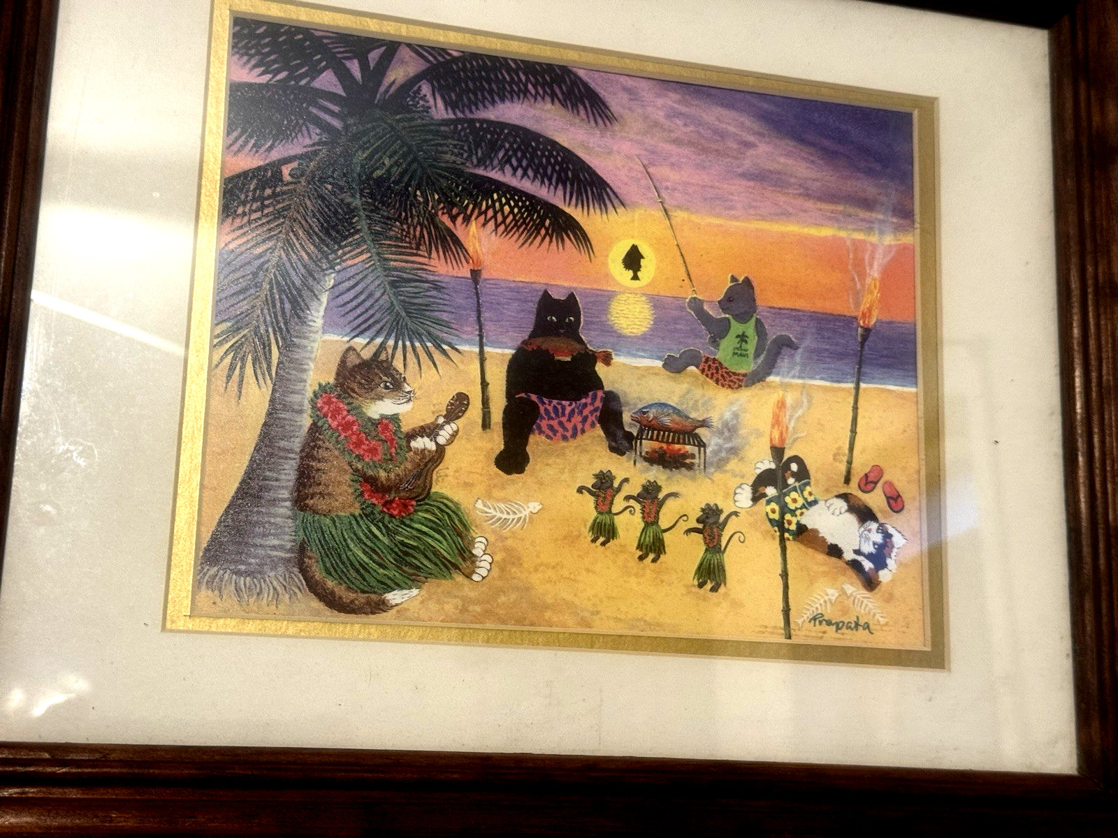 ORIGINAL ART POP ART AMUSING CARTOON STYLED CATS MICE VACATION SGNED FRMD