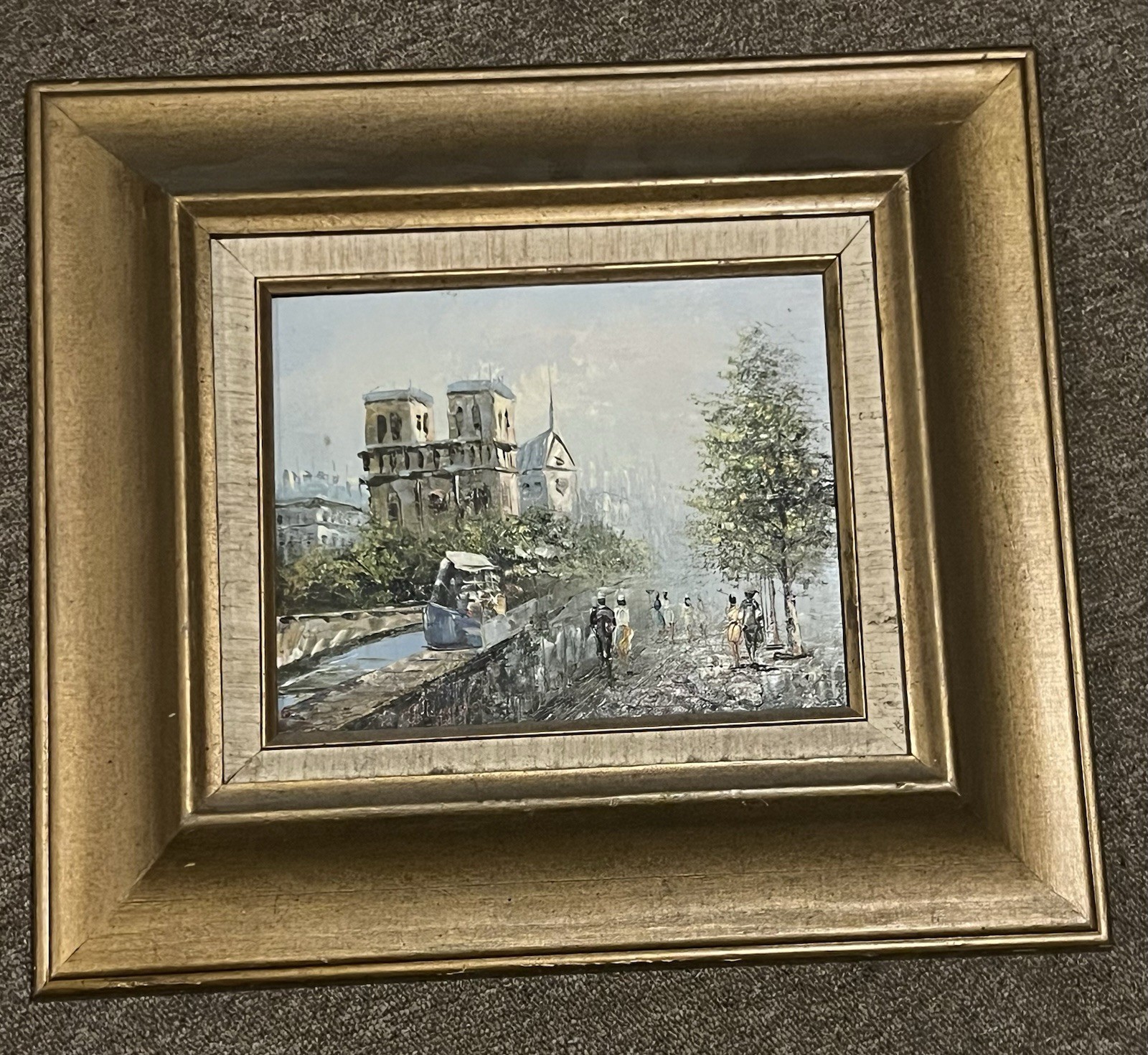 Vintage MCM Paris Notre Dame Oil Painting – Gold Wood Frame – 18×16 – Impasto