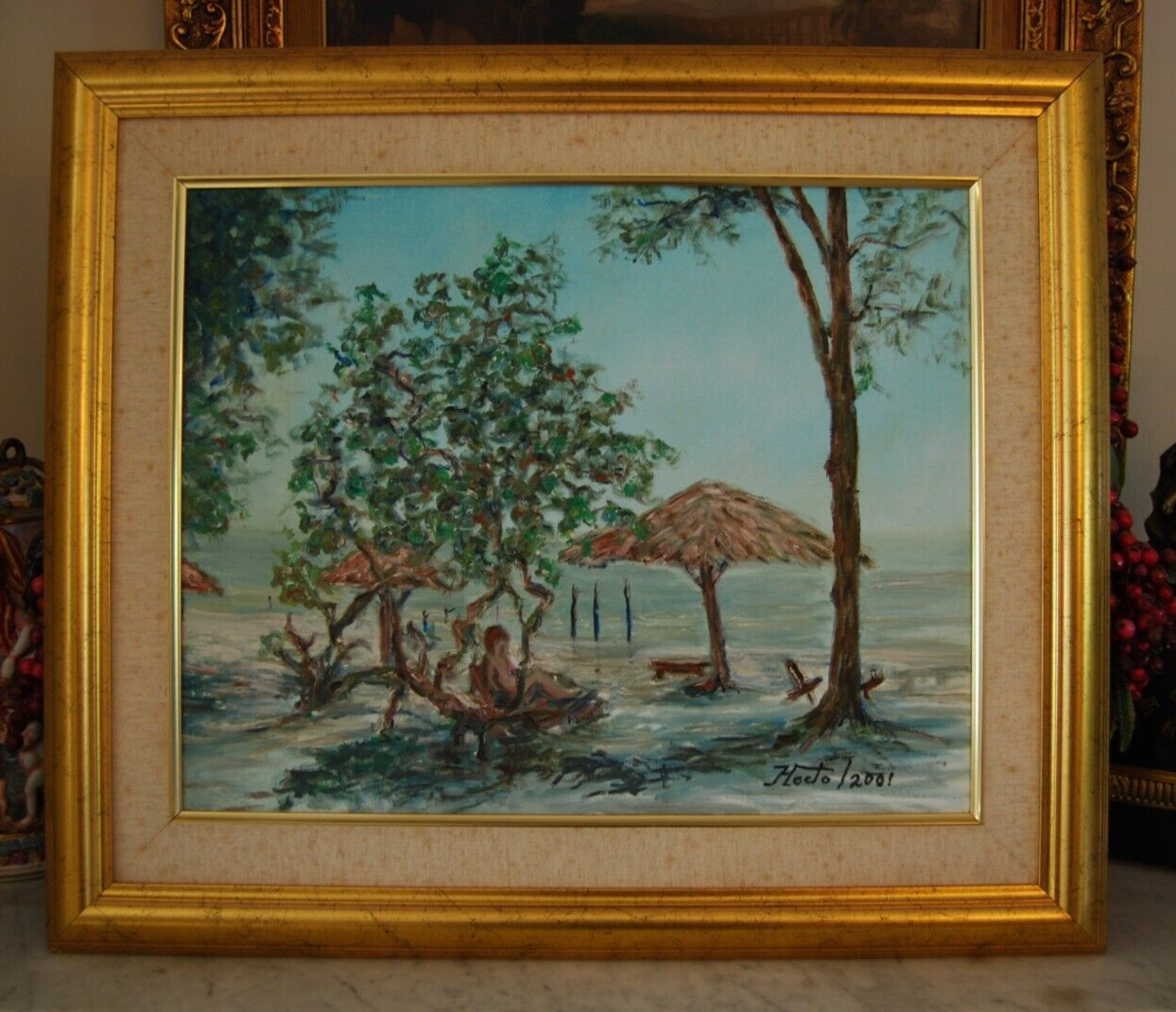 FRAMED SIGNED ORIGINAL OIL VARADERO BEACH SCENE MATANZAS CUBA ARTIST HECTO VIDAL