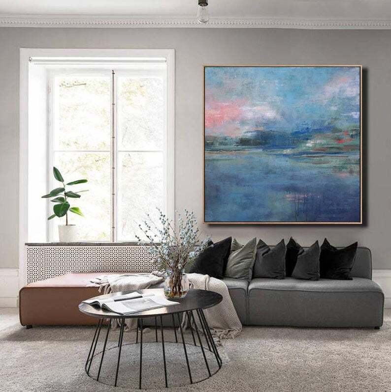 Blue Wall Art Ocean Landscape Painting Large Sea Canvas Art Painting Dining