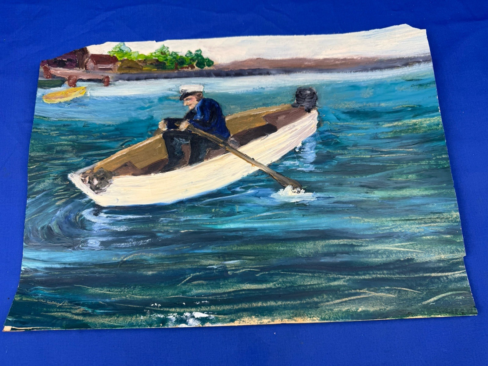 C.1950 Old Salty Dog in Rowboat, Oil on Paper 18 1/4″ x 13 1/8″ Home Decor