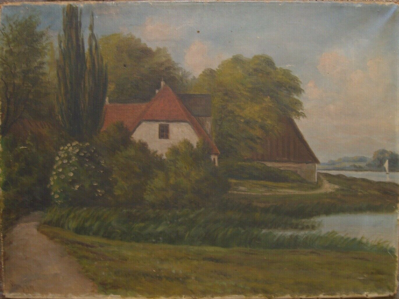 Illegible Signed House Yard Shore Lake River Meadow Path Edge Sky Green Antique
