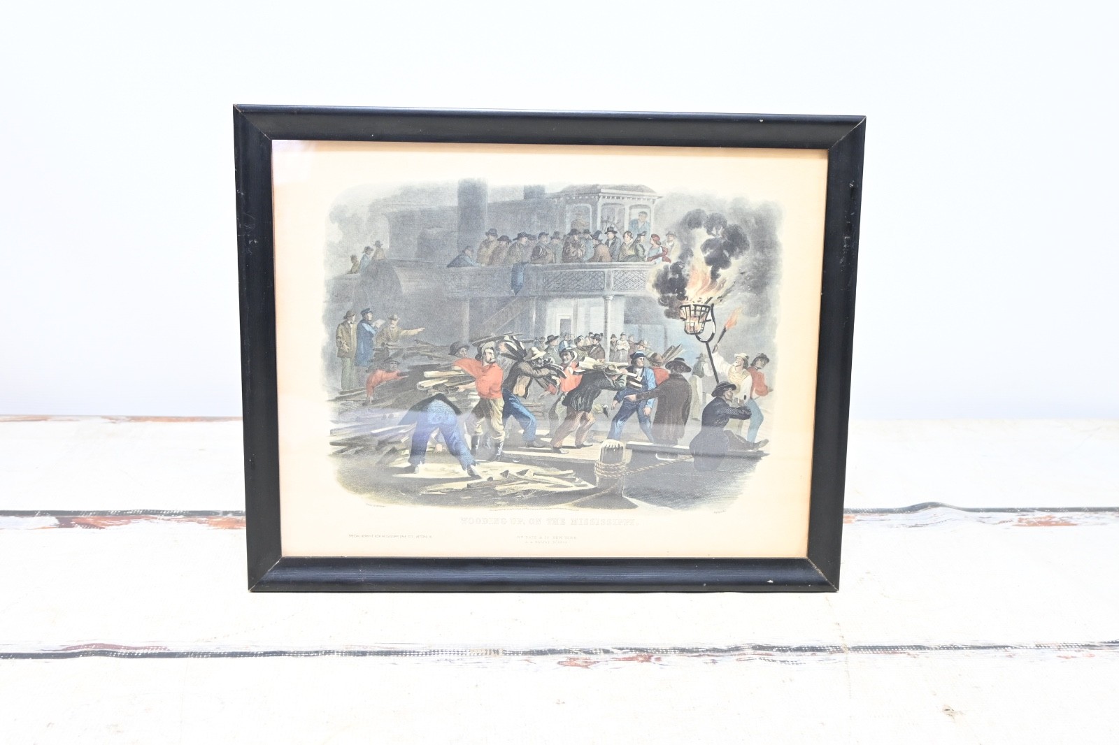 Vintage Framed Wooding Up On The Mississippi Colored Etching, Reprint
