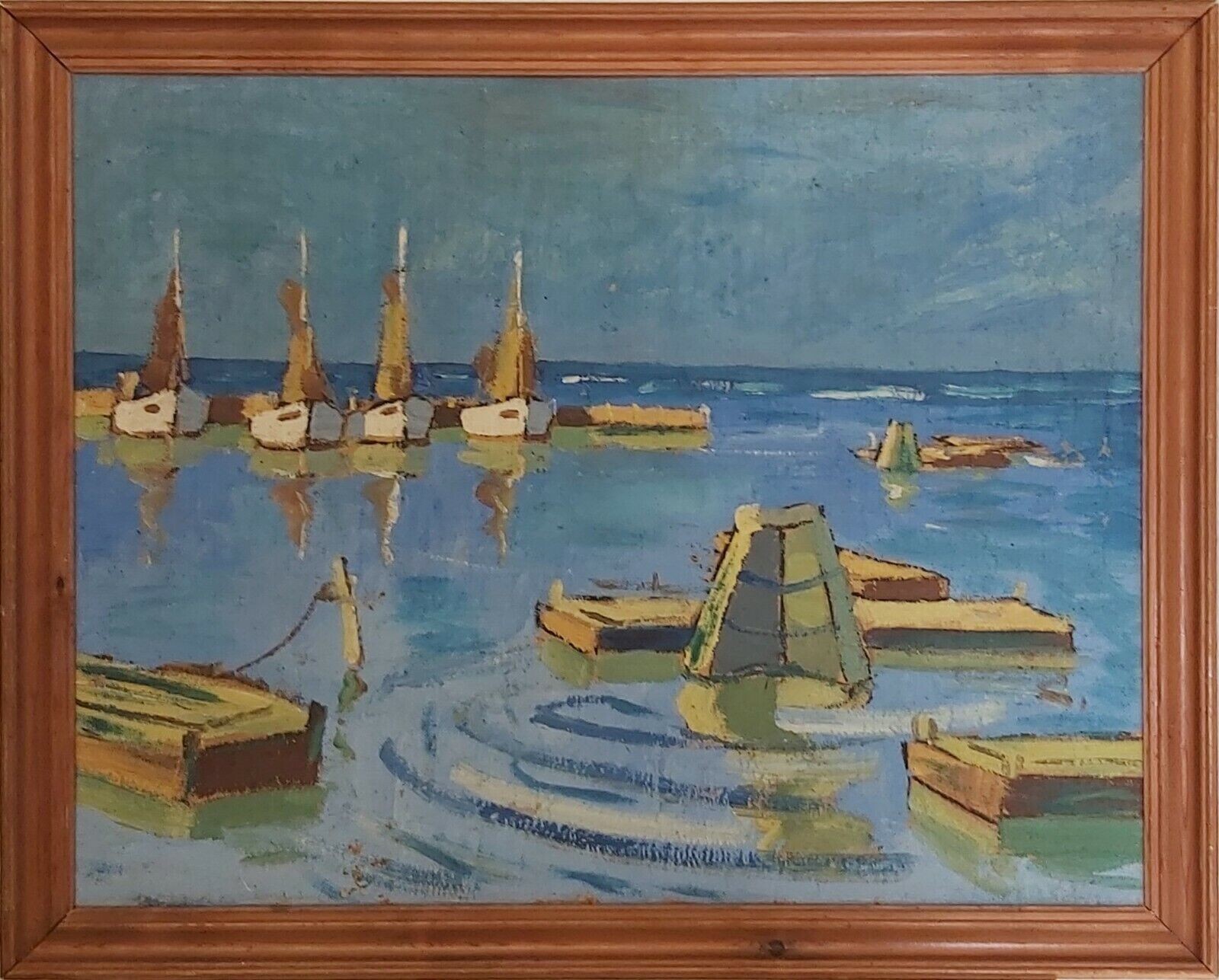 FISHING TRAWLERS DOCKED IN HARBOR, original oil painting
