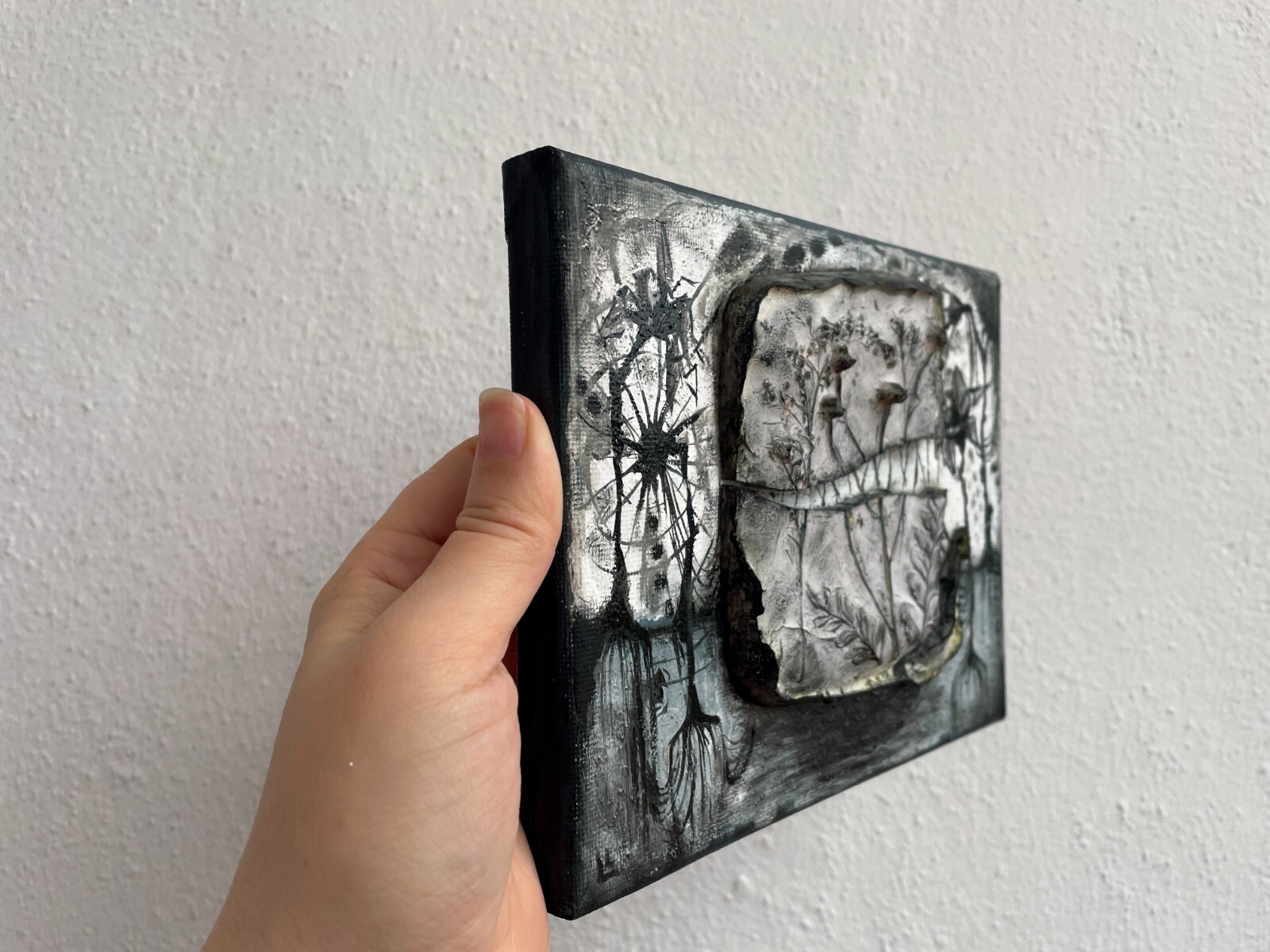 Broken life, conceptual artwork, mixed media painting, interior art, gray black