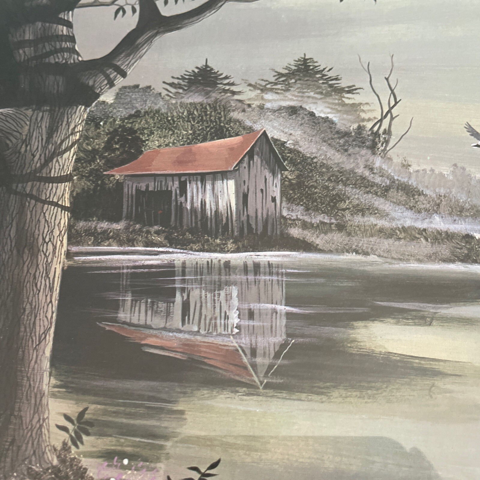 Lakeview Landscape w geese Painting 26″X21.5″ by Ampal Vtg DistresWood Frame