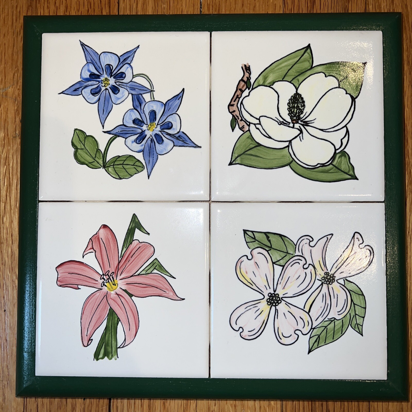 Four Framed Hand Painted Ceramic Tiles with Flowers 10×10