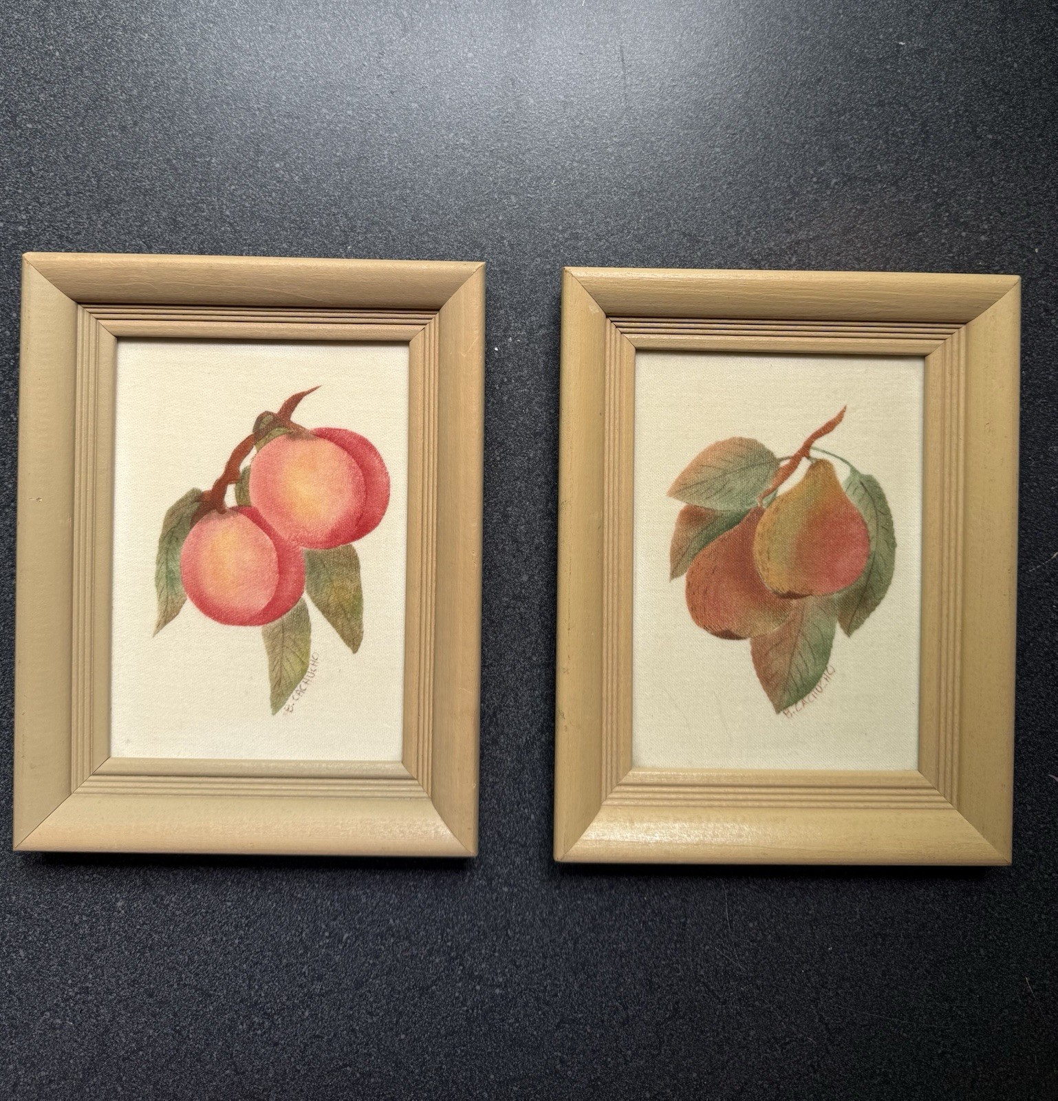 Set Of 2 THEOREM Folk Art Paintings By B. Cachucho Fruit Peach And Pear Cottage