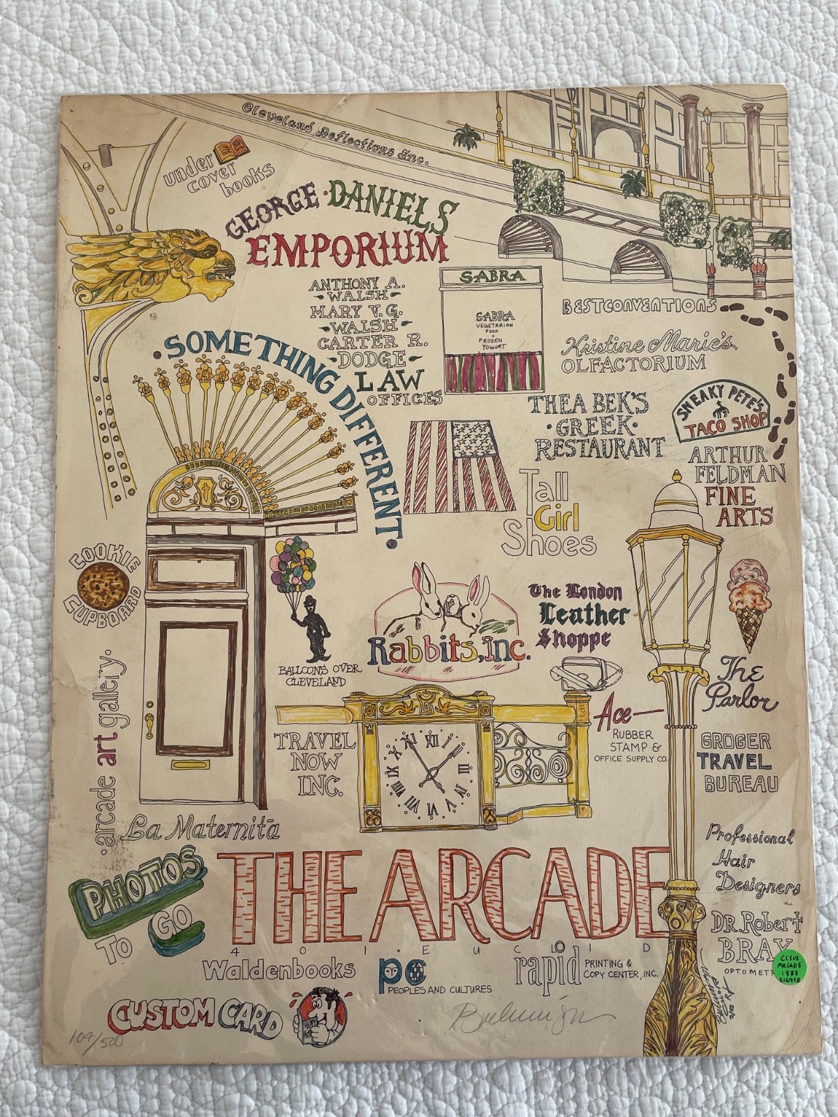 Vintage HAND PAINTED DRAWN ART 1983 Cleveland Arcade Signed Limited 104/500