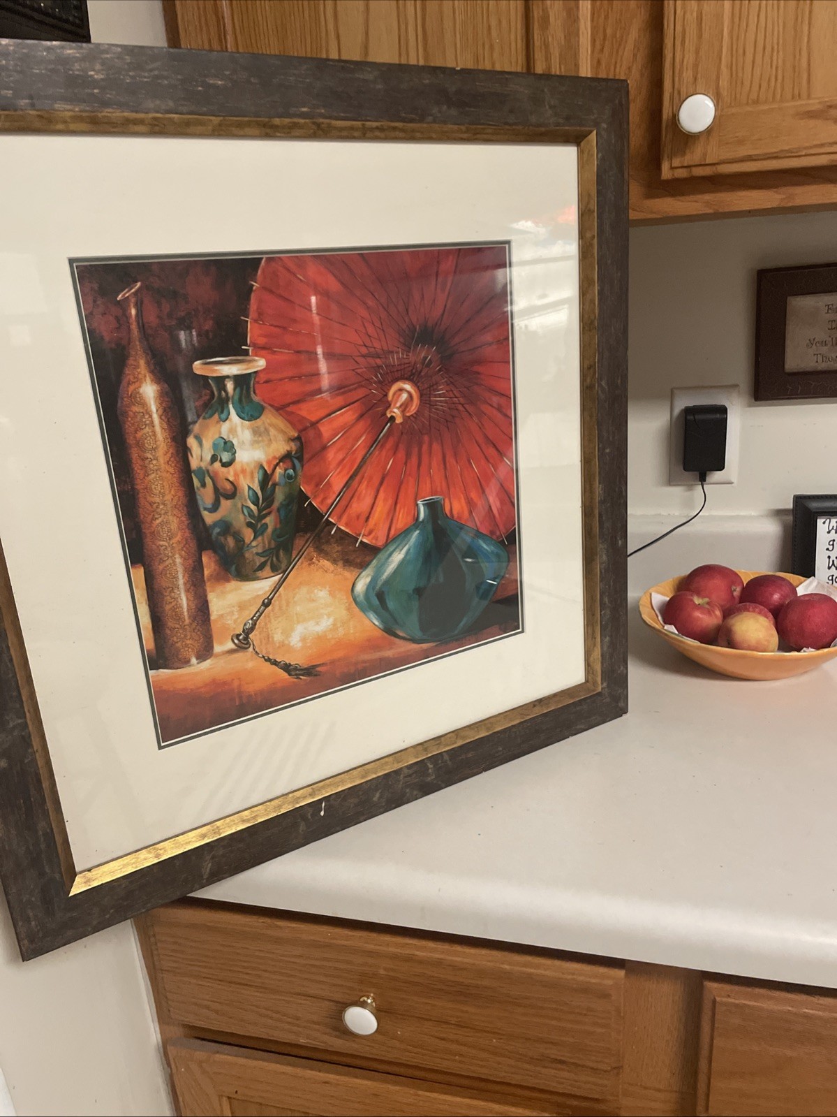 Zen Contemporary Art Print- Vases & Umbrella-Asian Realism. Framed 22.25” X22.2