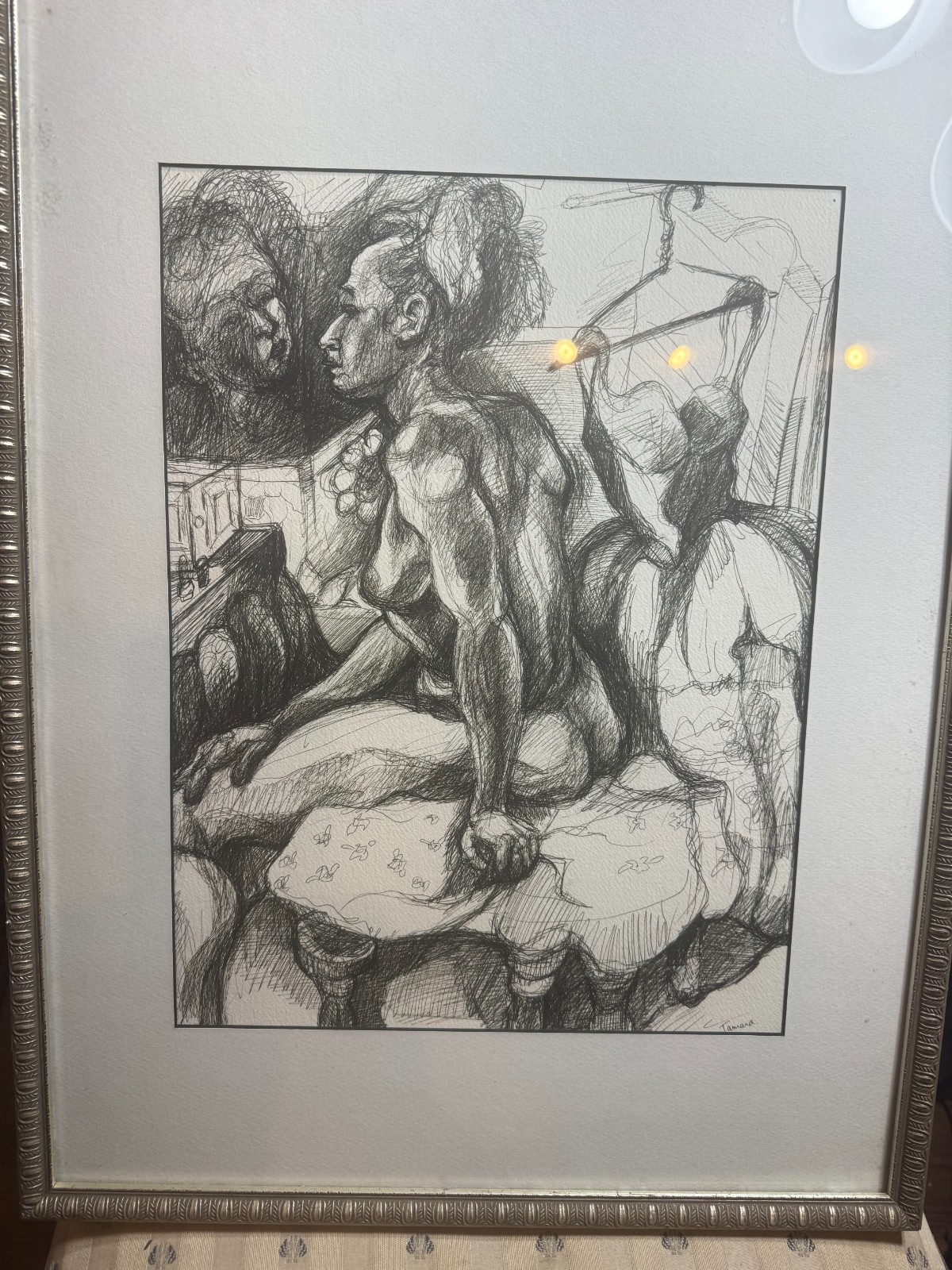 Tamara Signed Modernist Female Nude Bedroom Pen Ink Drawing Framed VG Cond 24×18