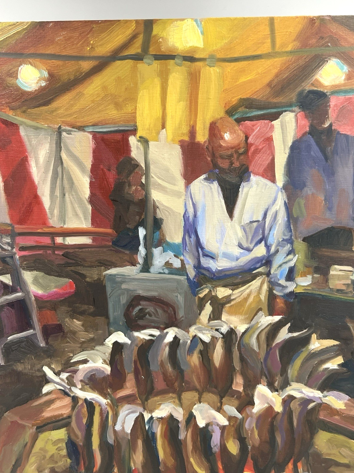 Orig Expressionist Fish Market Oil Painting 12×18 Wood Panel Art Asian Street