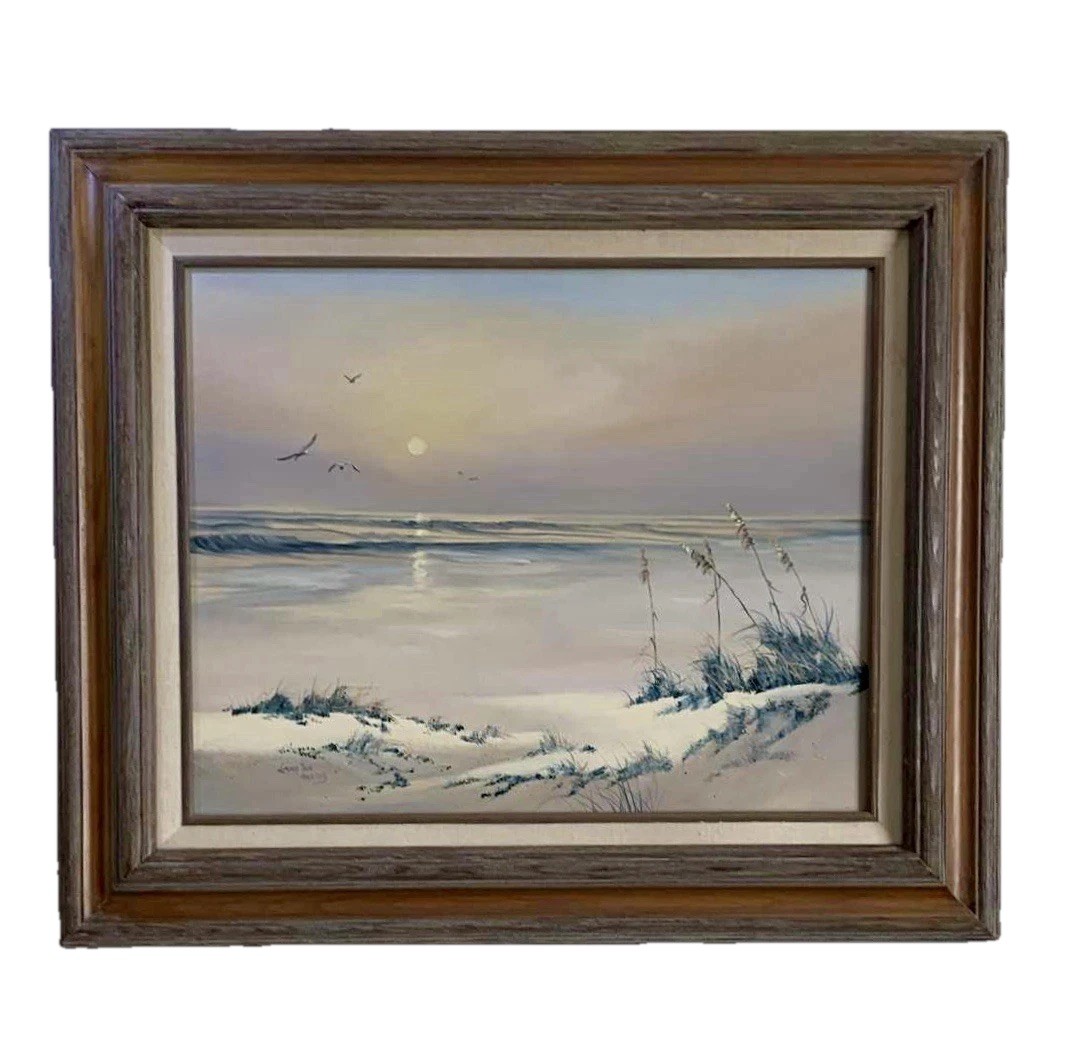 Vintage Sunrise Seascape Beach Front Oil Painting On Canvas Signed HARRIS Artist